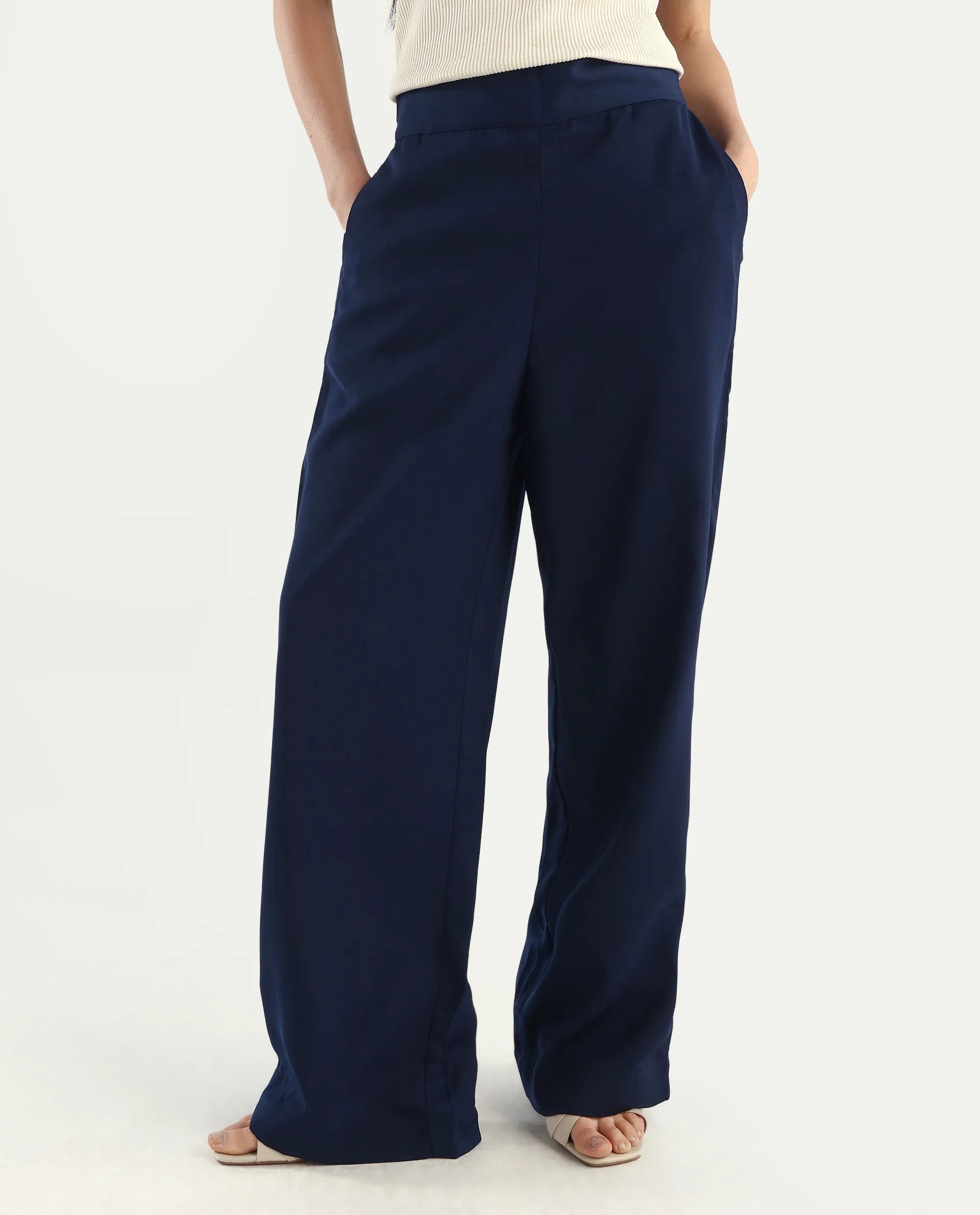 Rareism Women's Leville-B Dark Blue Polyester Blend Plain Straight Fit Trouser