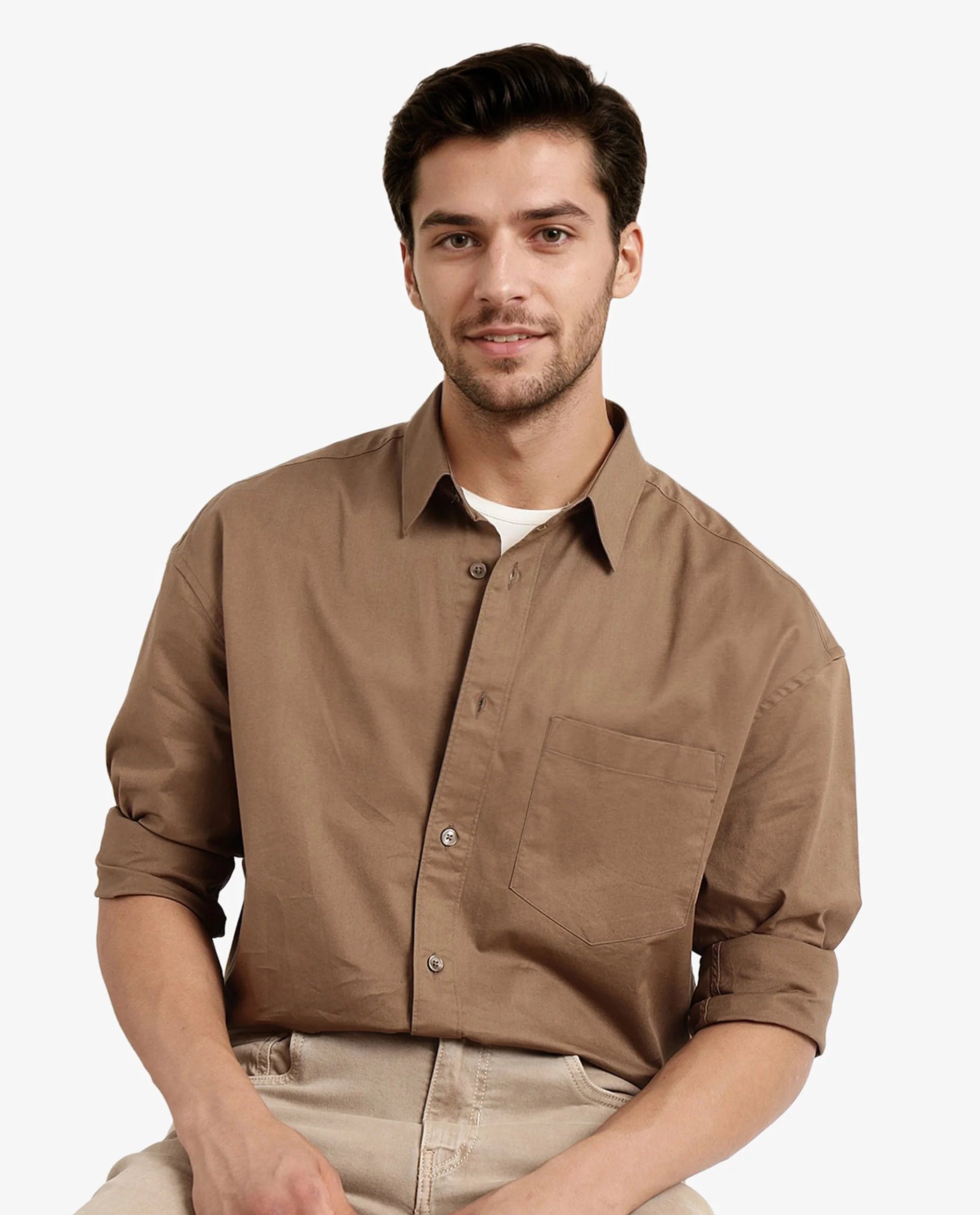 Rare Rabbit Men Lewi Khaki Cotton Lycra Fabric Full Sleeve Regular Collar Boxy Fit Plain Shirt