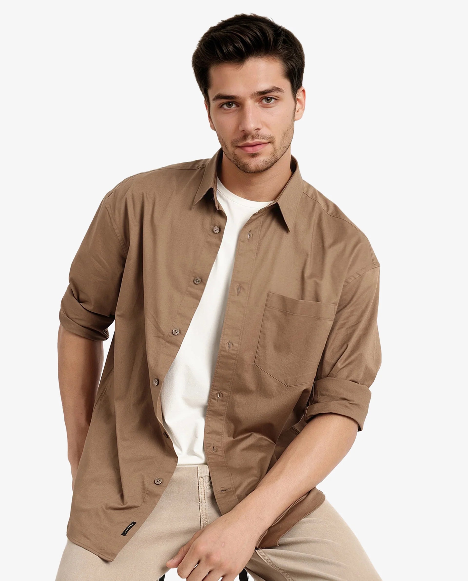 Rare Rabbit Men Lewi Khaki Cotton Lycra Fabric Full Sleeve Regular Collar Boxy Fit Plain Shirt