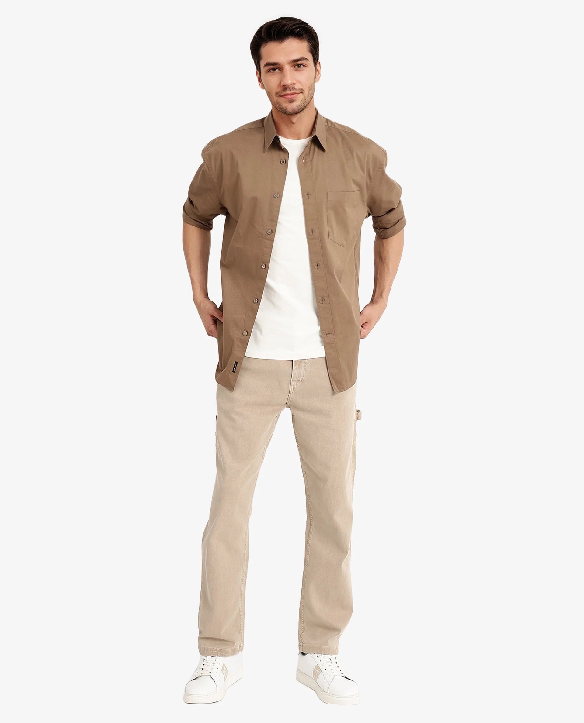 Rare Rabbit Men Lewi Khaki Cotton Lycra Fabric Full Sleeve Regular Collar Boxy Fit Plain Shirt