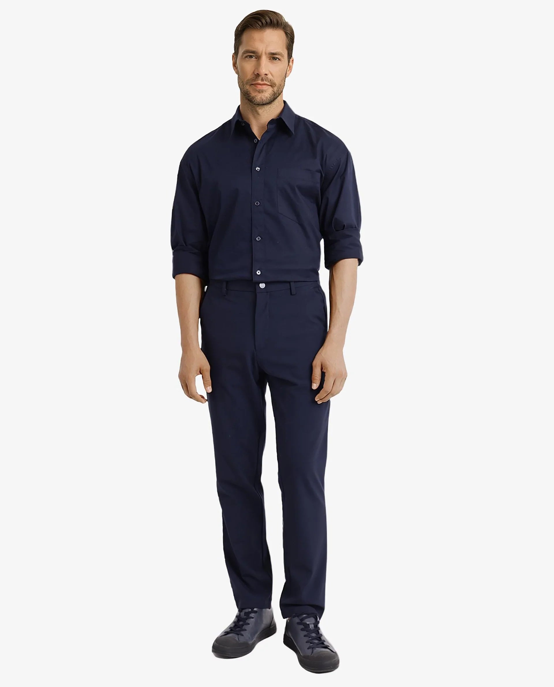 Rare Rabbit Men Lewi Navy Cotton Lycra Fabric Full Sleeve Regular Collar Boxy Fit Plain Shirt