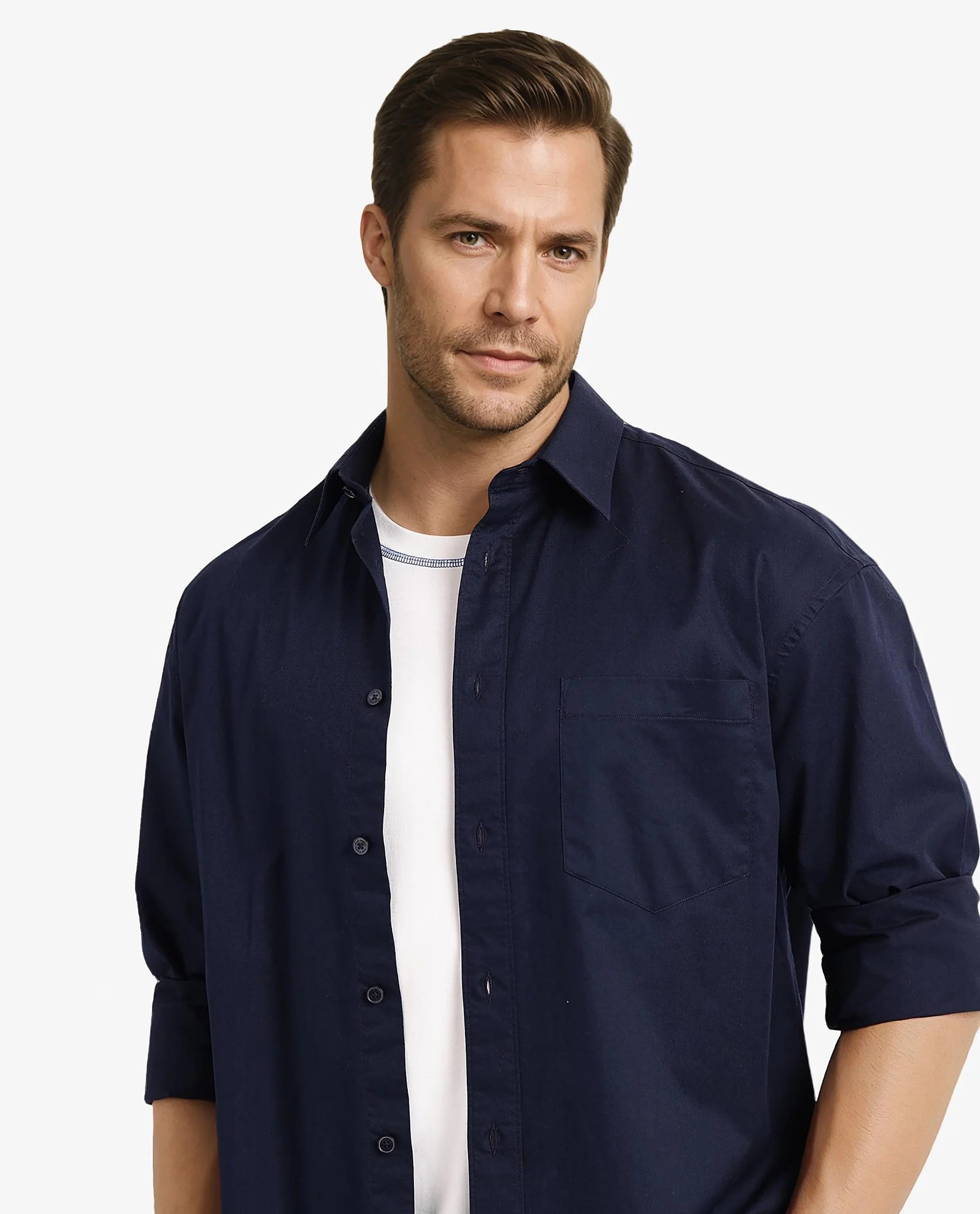 Rare Rabbit Men Lewi Navy Cotton Lycra Fabric Full Sleeve Regular Collar Boxy Fit Plain Shirt