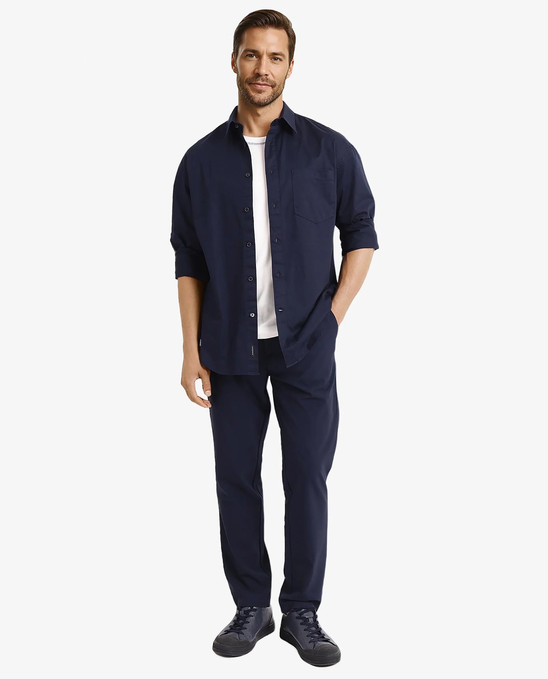 Rare Rabbit Men Lewi Navy Cotton Lycra Fabric Full Sleeve Regular Collar Boxy Fit Plain Shirt