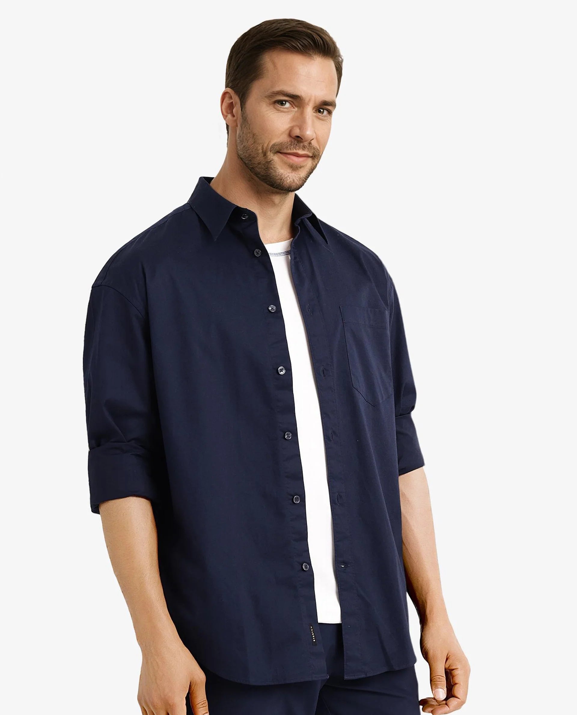 Rare Rabbit Men Lewi Navy Cotton Lycra Fabric Full Sleeve Regular Collar Boxy Fit Plain Shirt