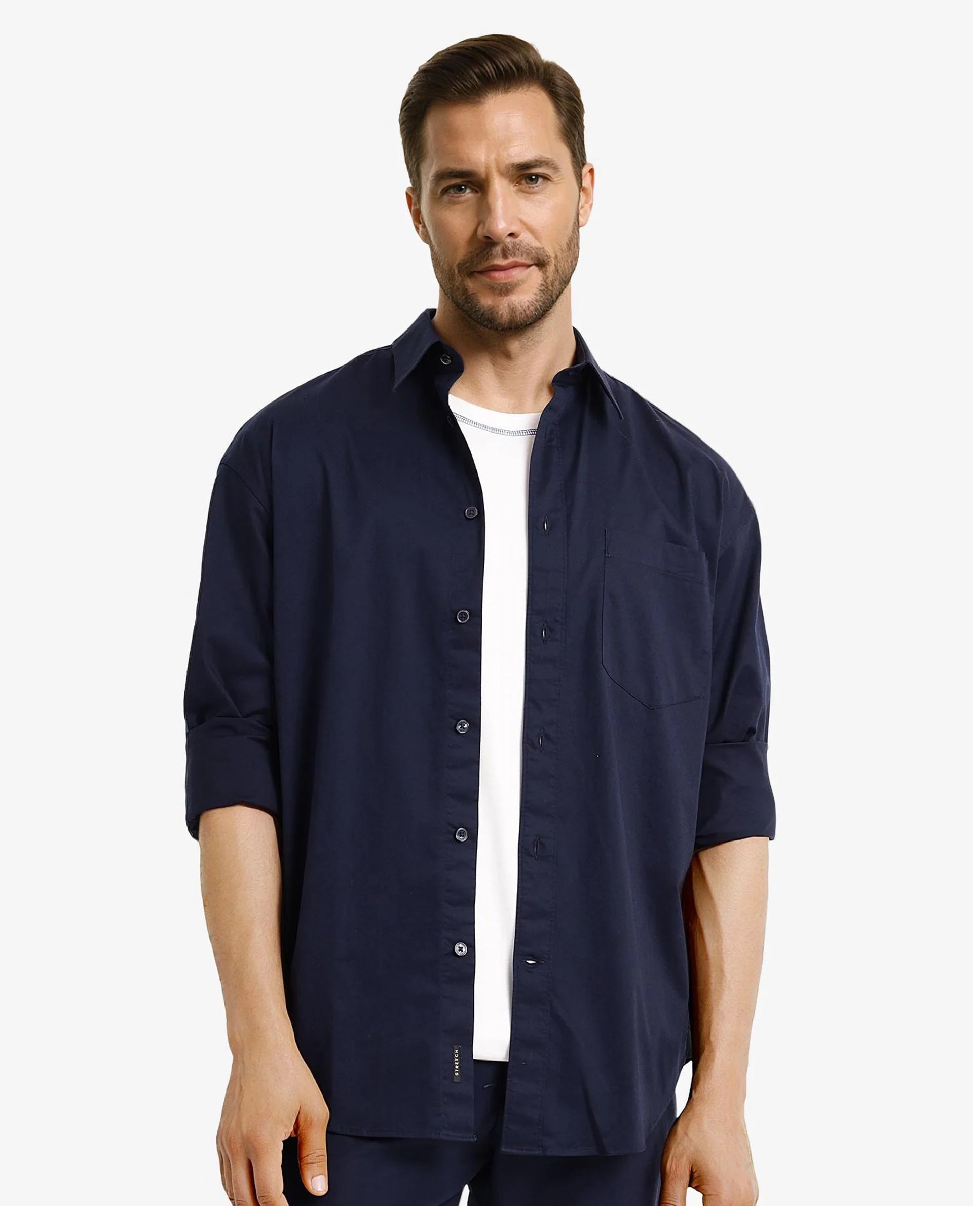 Rare Rabbit Men Lewi Navy Cotton Lycra Fabric Full Sleeve Regular Collar Boxy Fit Plain Shirt