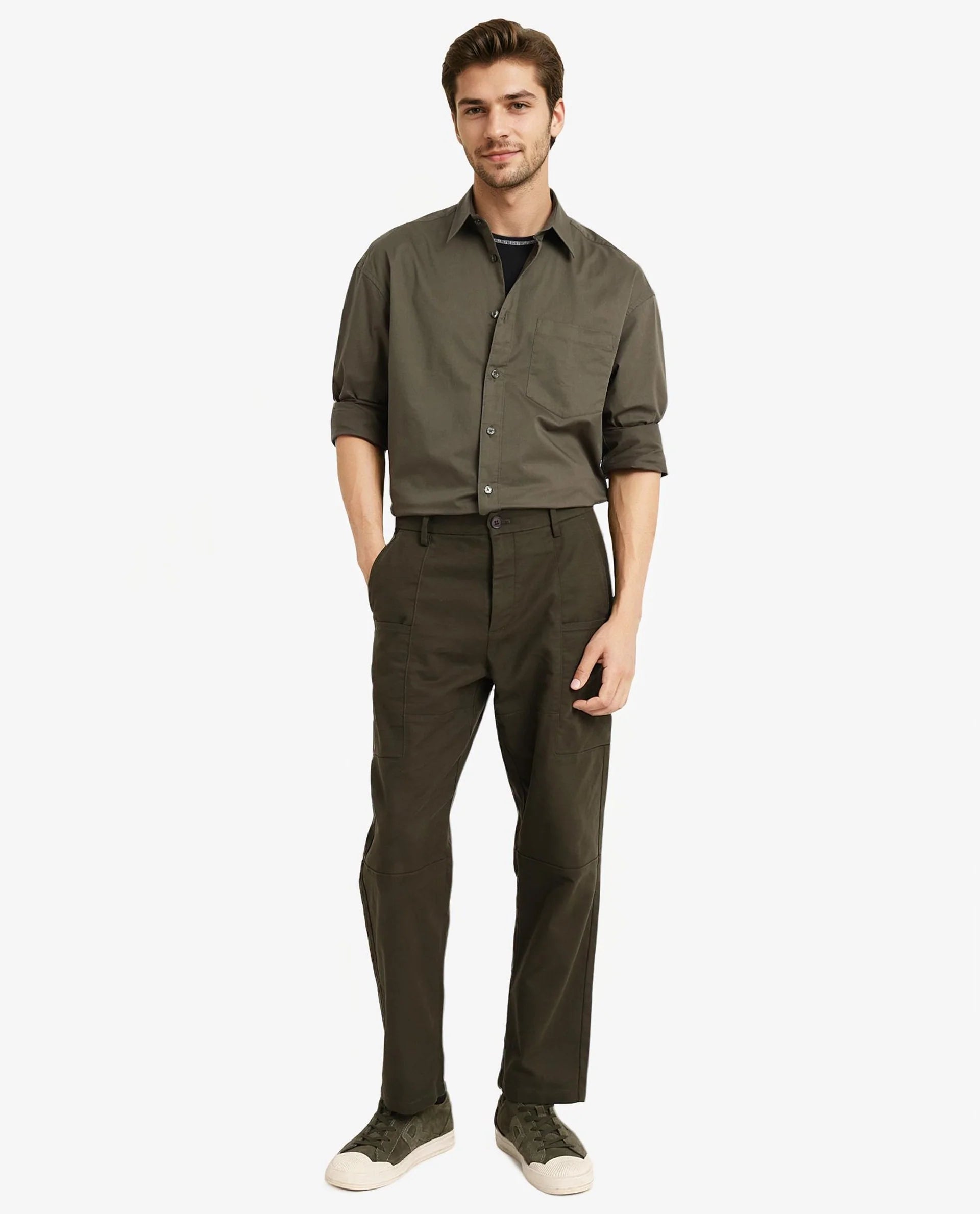 Rare Rabbit Men Lewi Olive Cotton Lycra Fabric Full Sleeve Regular Collar Boxy Fit Plain Shirt