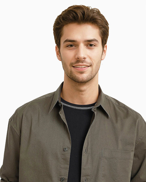 Rare Rabbit Men Lewi Khaki Cotton Lycra Fabric Full Sleeve Regular Collar Boxy Fit Plain Shirt main image 0