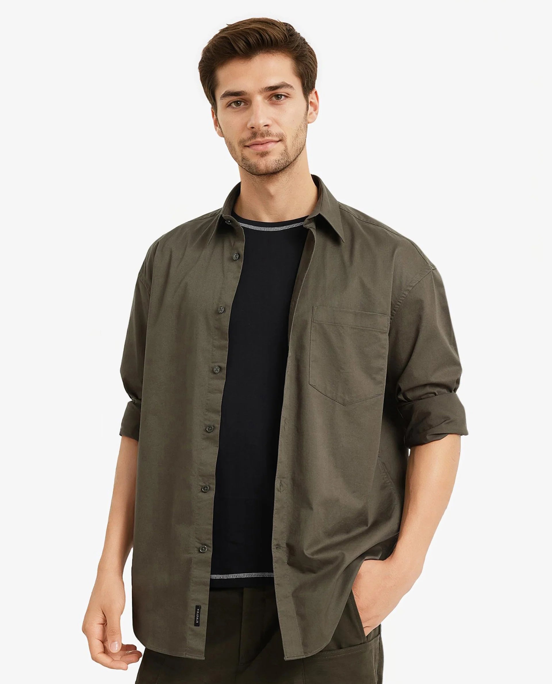 Rare Rabbit Men Lewi Olive Cotton Lycra Fabric Full Sleeve Regular Collar Boxy Fit Plain Shirt