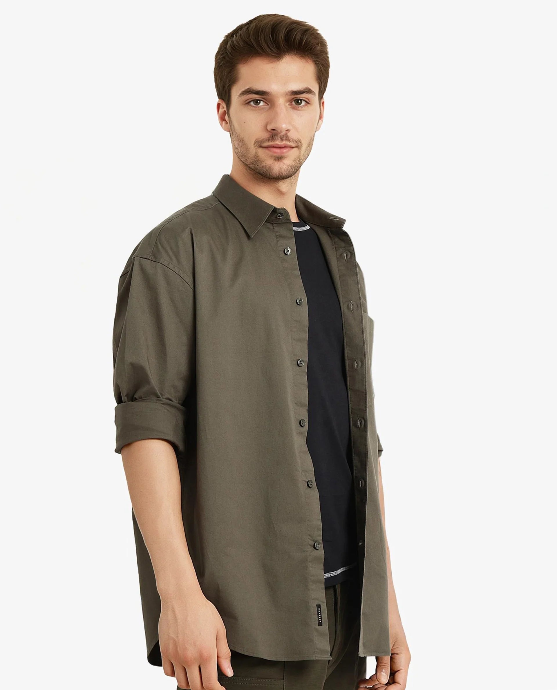 Rare Rabbit Men Lewi Olive Cotton Lycra Fabric Full Sleeve Regular Collar Boxy Fit Plain Shirt