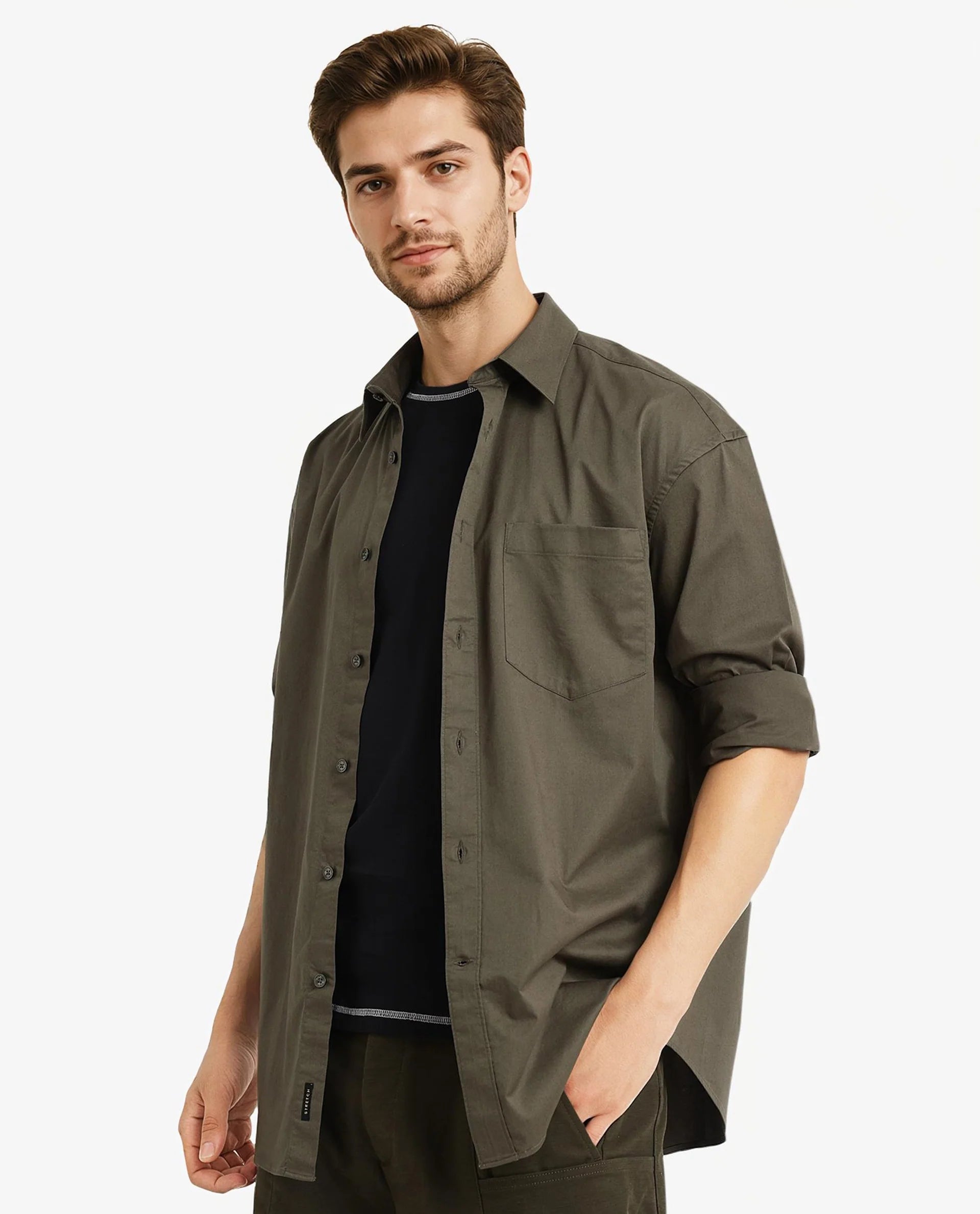 Rare Rabbit Men Lewi Olive Cotton Lycra Fabric Full Sleeve Regular Collar Boxy Fit Plain Shirt