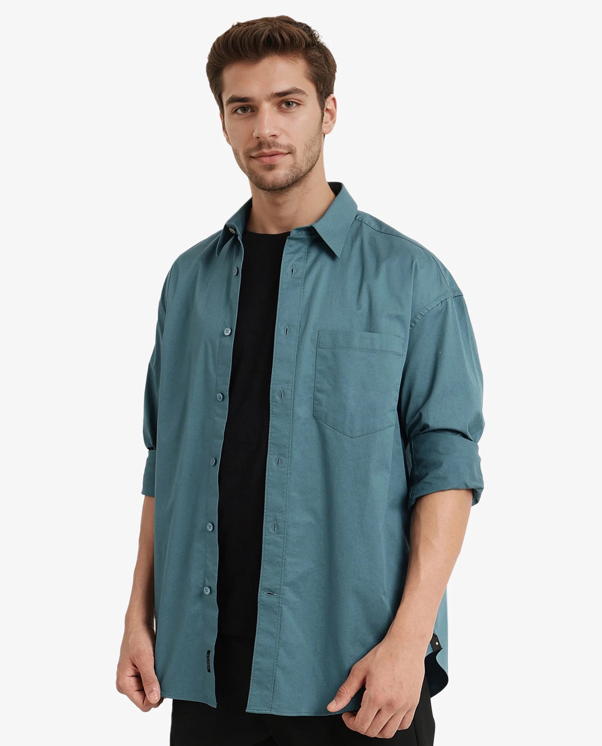 Rare Rabbit Men Lewi Teal Cotton Lycra Fabric Full Sleeve Regular Collar Boxy Fit Plain Shirt