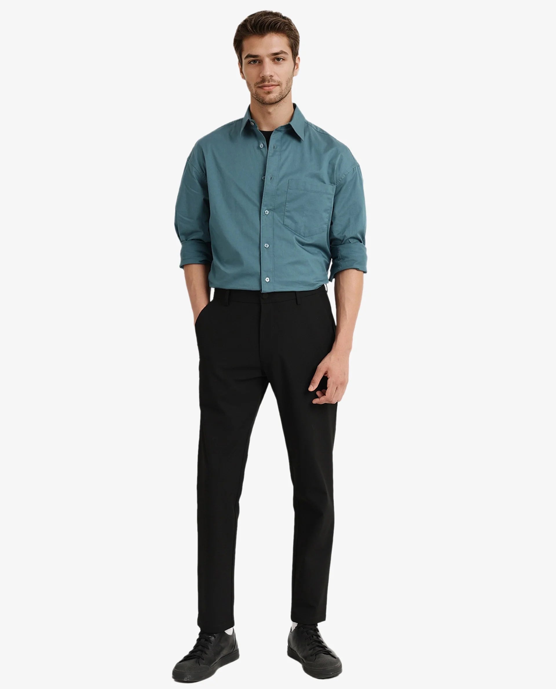 Rare Rabbit Men Lewi Teal Cotton Lycra Fabric Full Sleeve Regular Collar Boxy Fit Plain Shirt