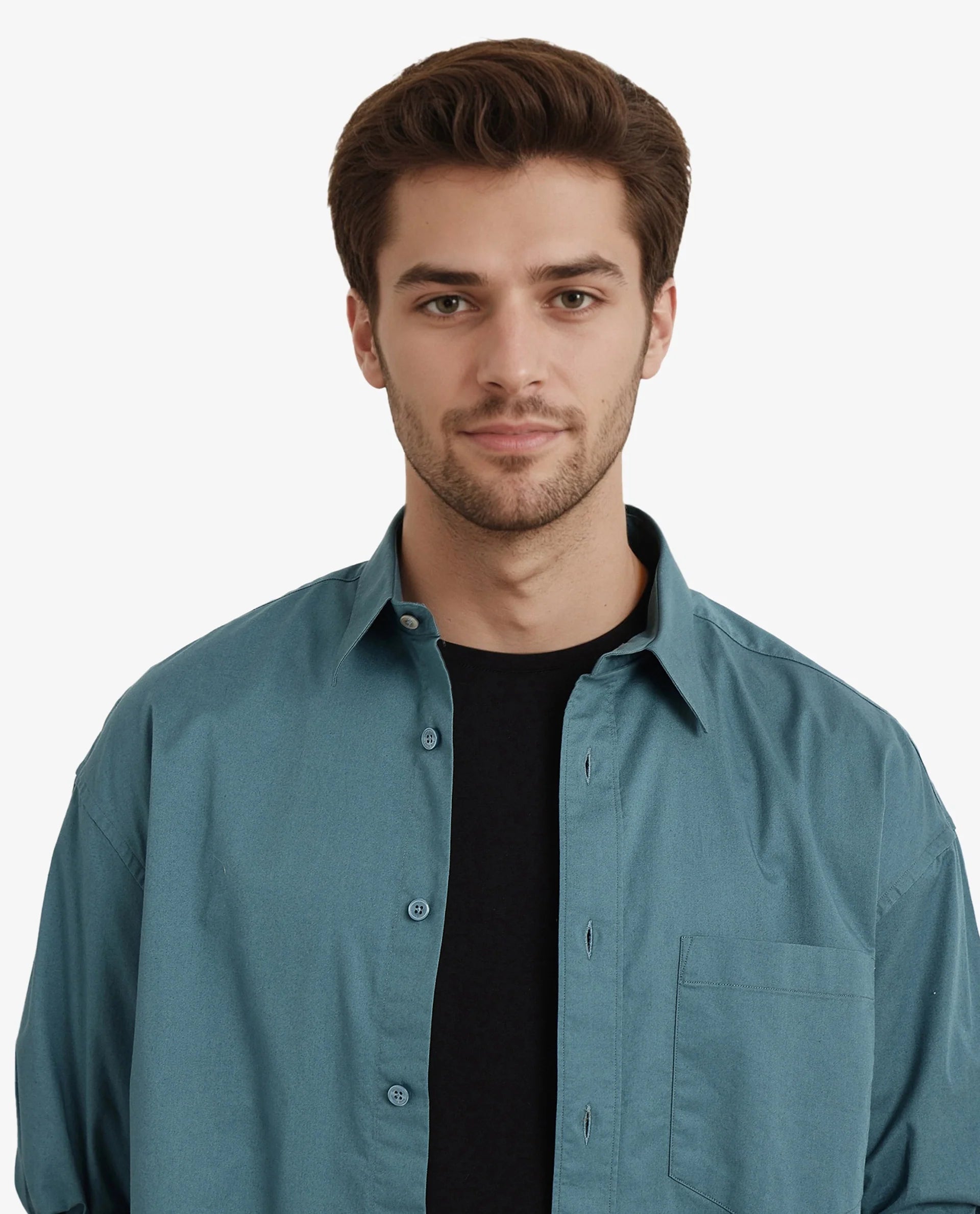 Rare Rabbit Men Lewi Teal Cotton Lycra Fabric Full Sleeve Regular Collar Boxy Fit Plain Shirt