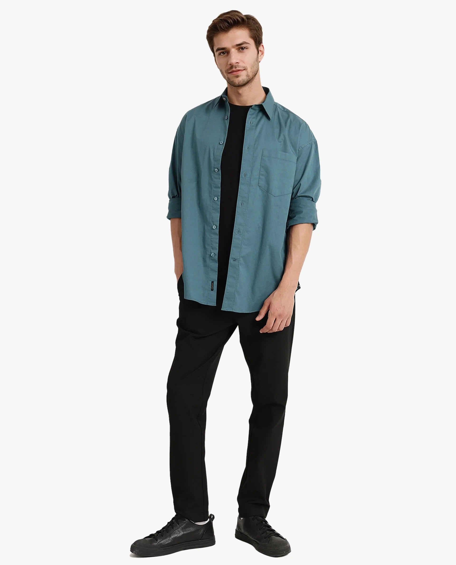 Rare Rabbit Men Lewi Teal Cotton Lycra Fabric Full Sleeve Regular Collar Boxy Fit Plain Shirt