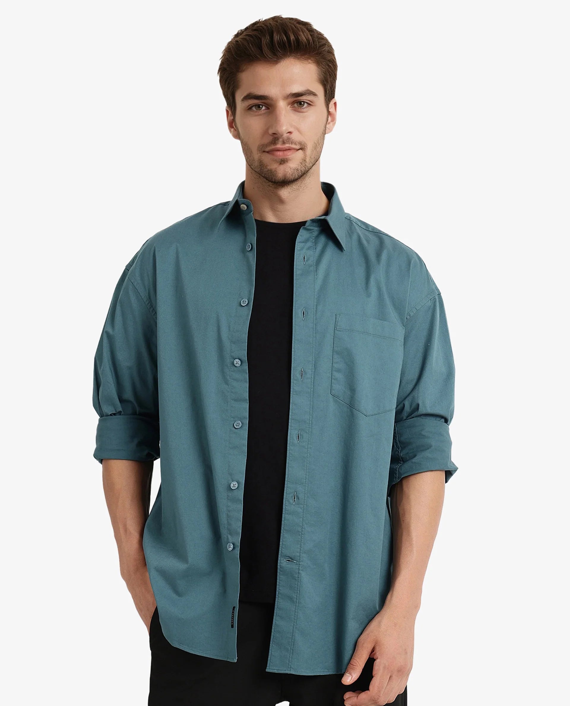 Rare Rabbit Men Lewi Teal Cotton Lycra Fabric Full Sleeve Regular Collar Boxy Fit Plain Shirt