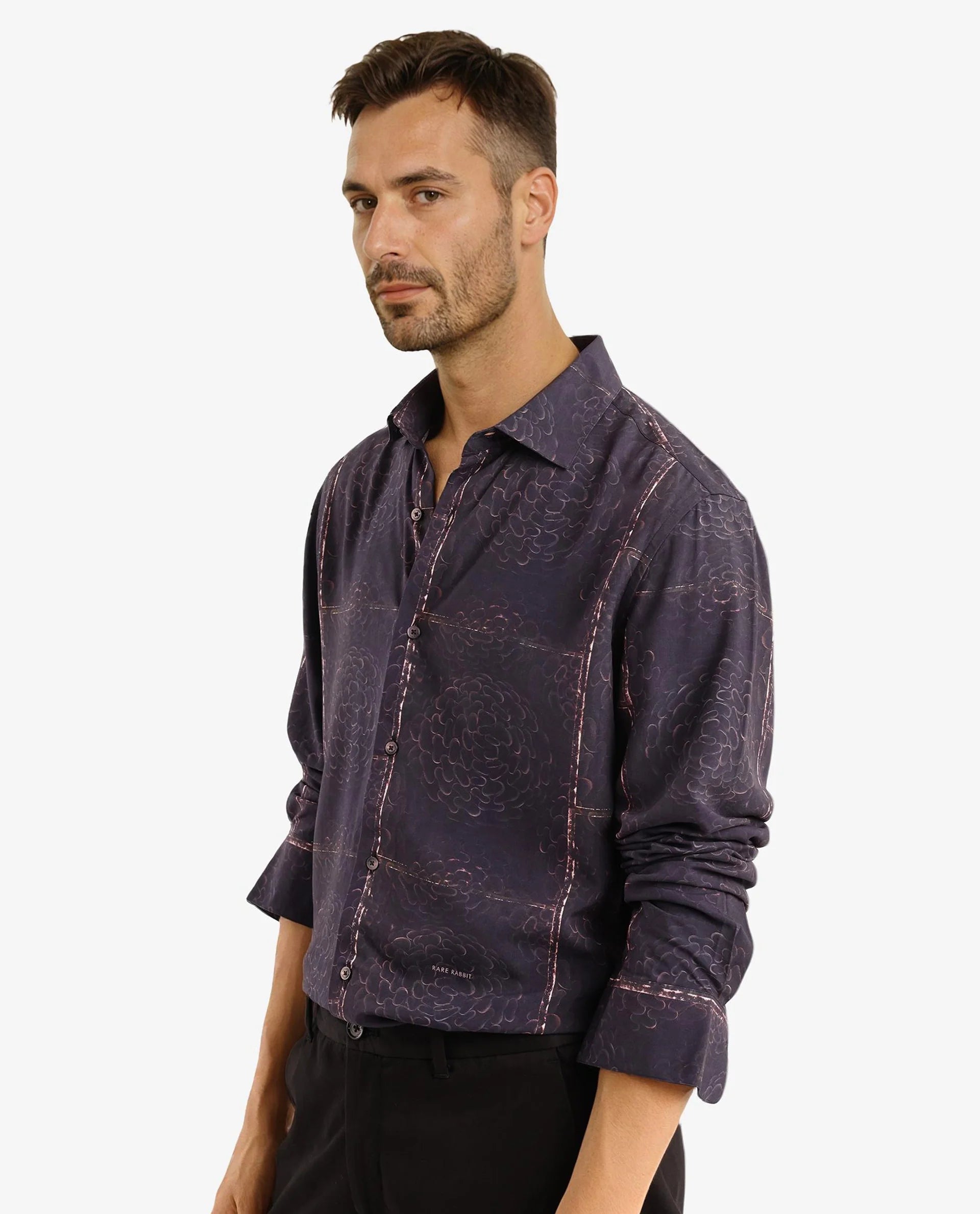 Rare Rabbit Men Libre Black Viscose Fabric Full Sleeve Abstract and Check Print Shirt