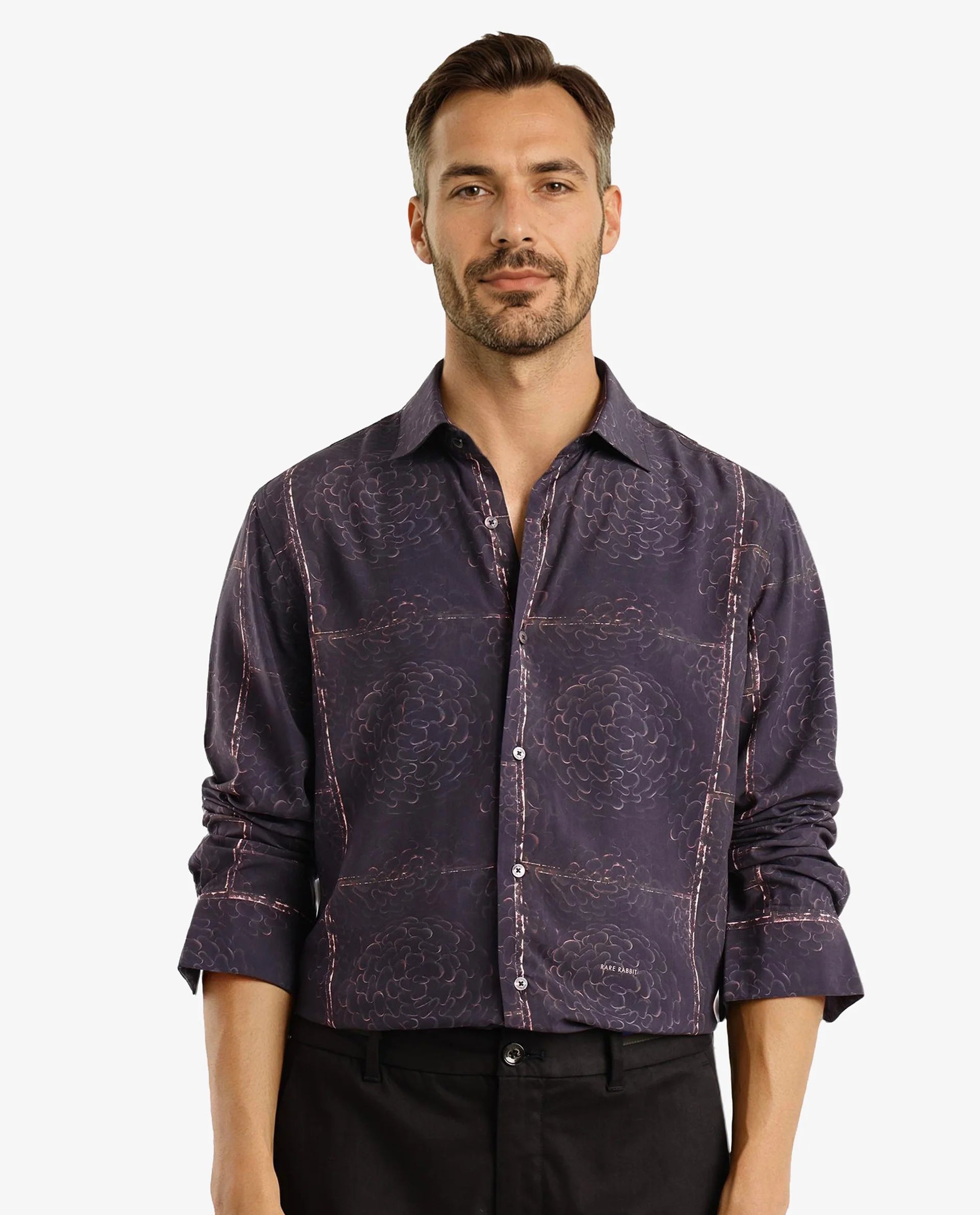 Rare Rabbit Men Libre Black Viscose Fabric Full Sleeve Abstract and Check Print Shirt