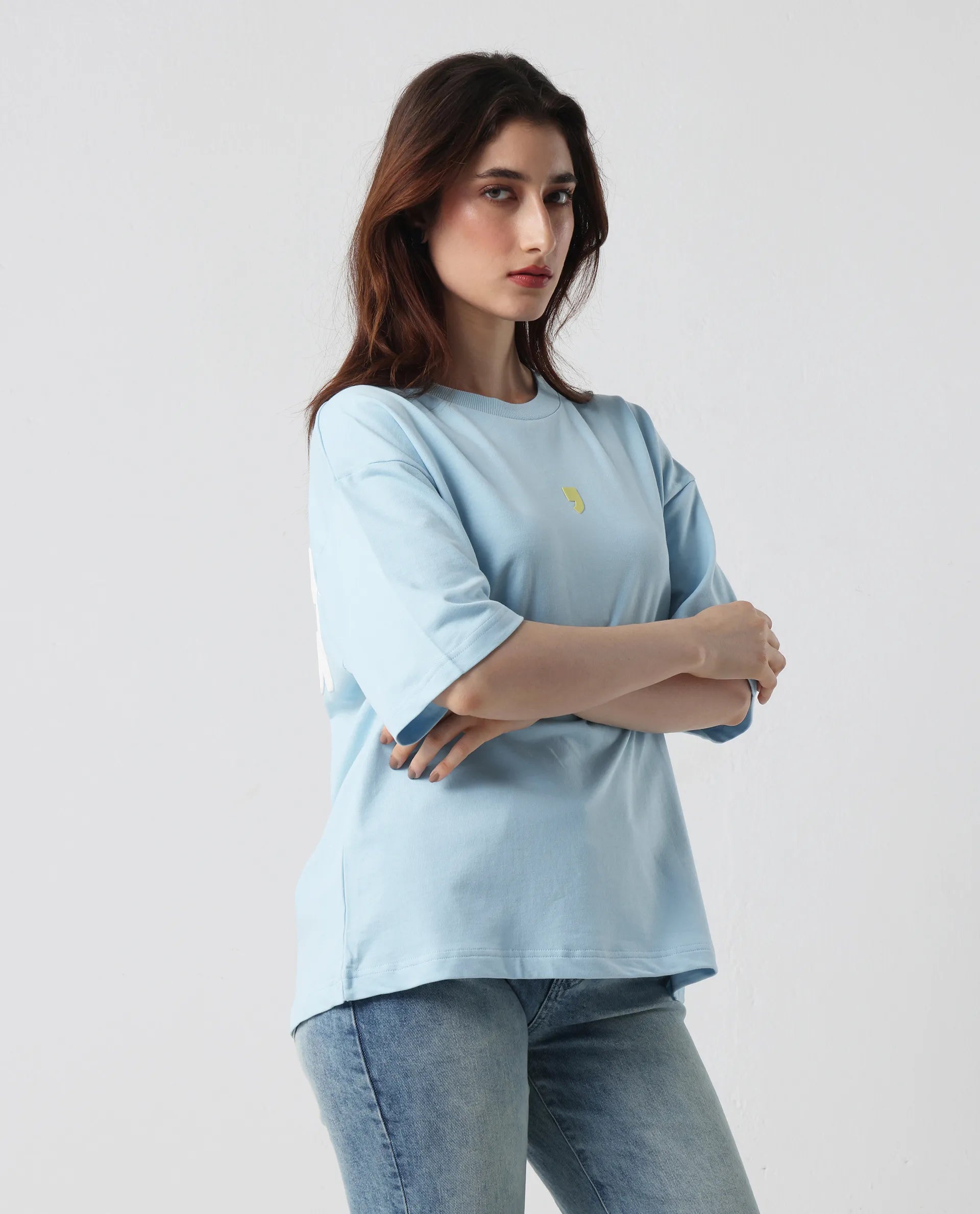 Rareism Women's Liche Blue Cotton Graphic Print Oversized T-Shirt