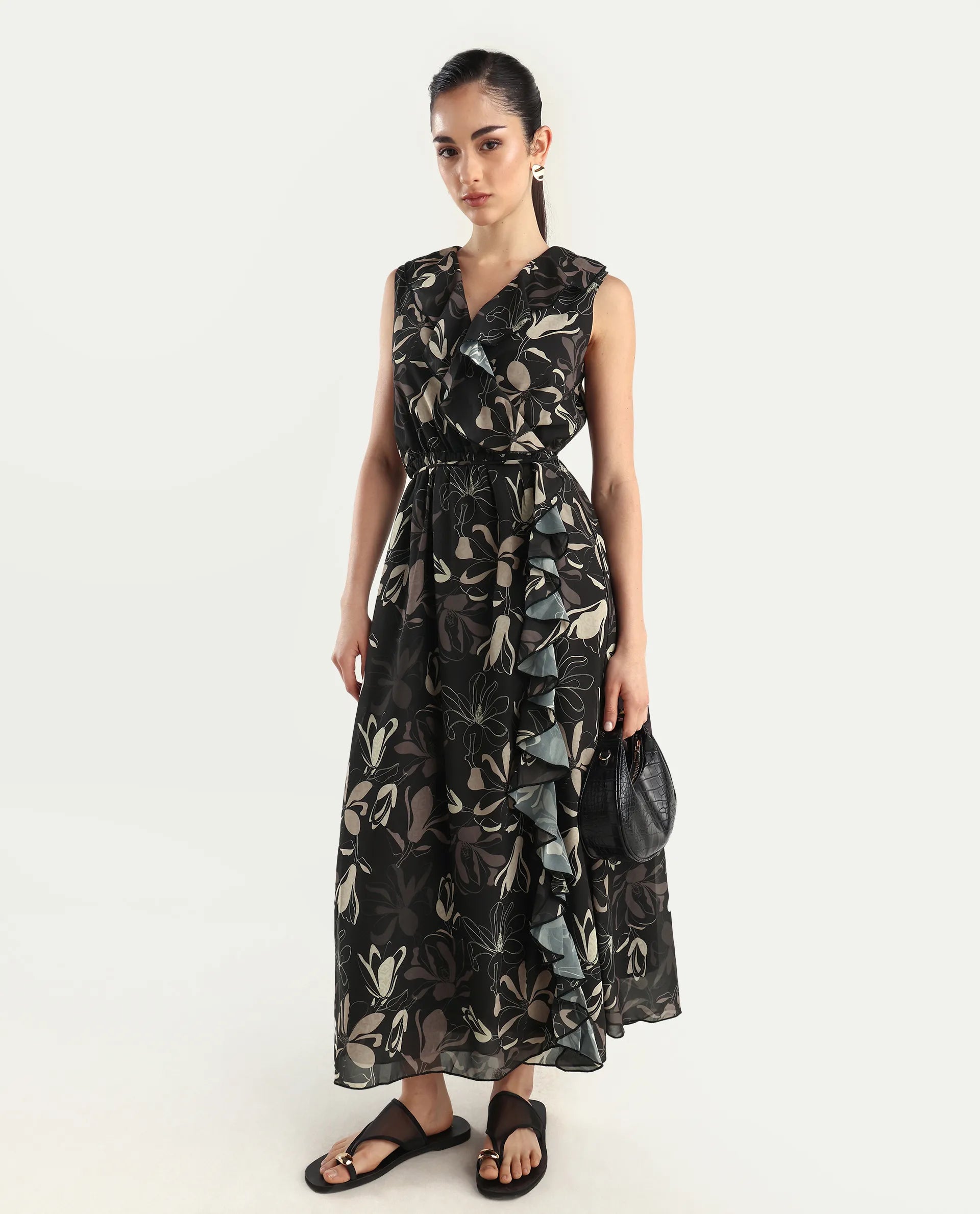 Rareism Women's Licia Black Cotton Blend Overlap Neck Floral Print Sleeveless Maxi A-Line Dress
