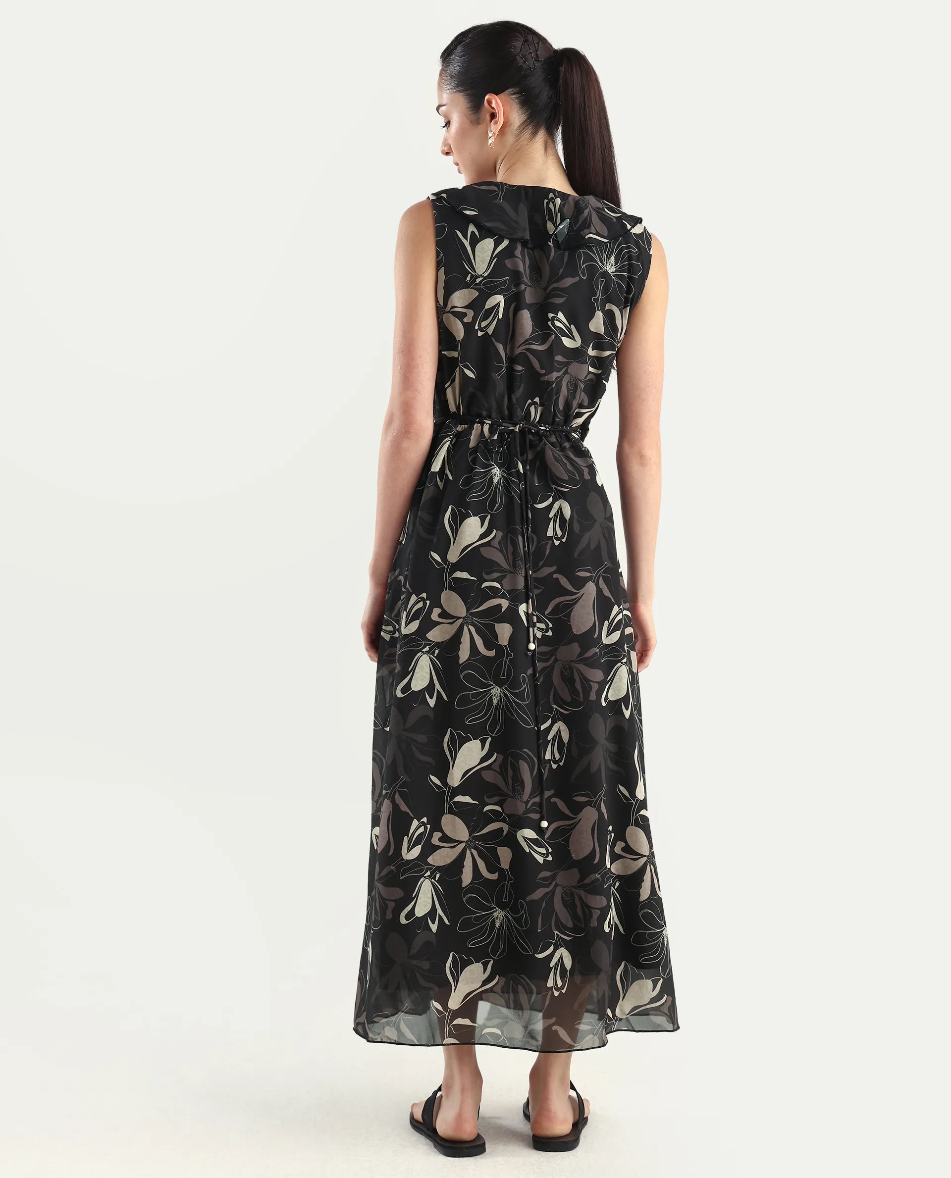 Rareism Women's Licia Black Cotton Blend Overlap Neck Floral Print Sleeveless Maxi A-Line Dress