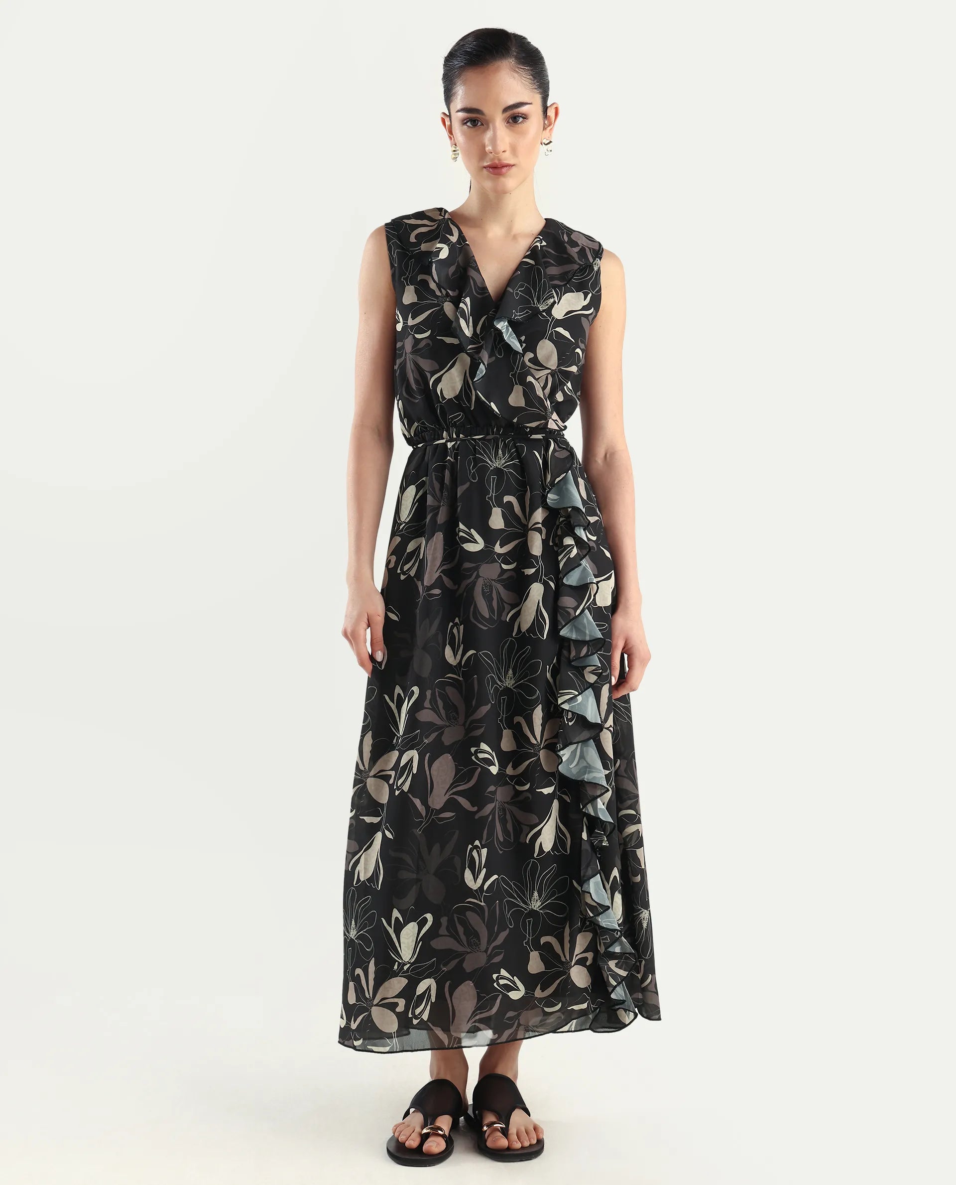 Rareism Women's Licia Black Cotton Blend Overlap Neck Floral Print Sleeveless Maxi A-Line Dress