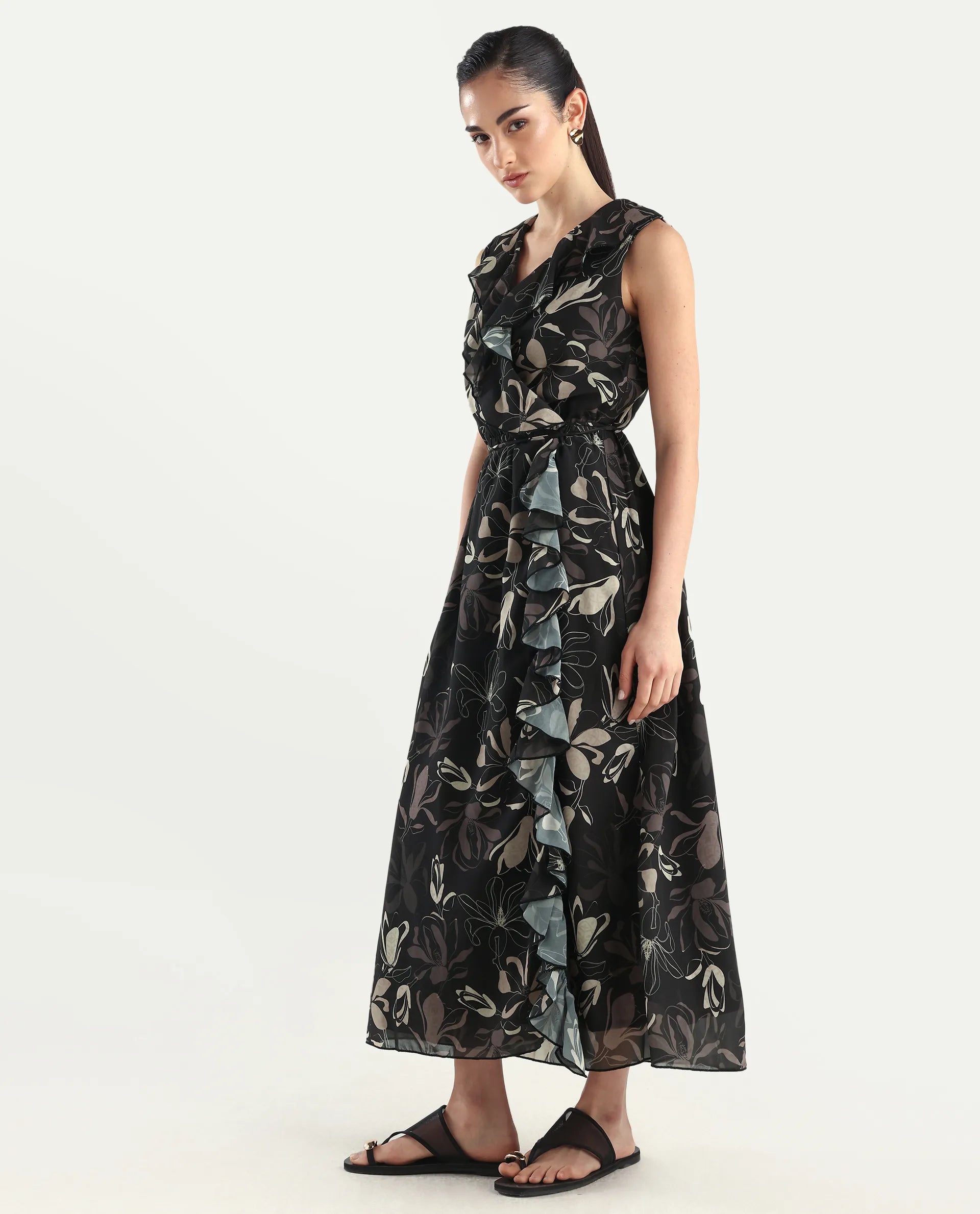 Rareism Women's Licia Black Cotton Blend Overlap Neck Floral Print Sleeveless Maxi A-Line Dress