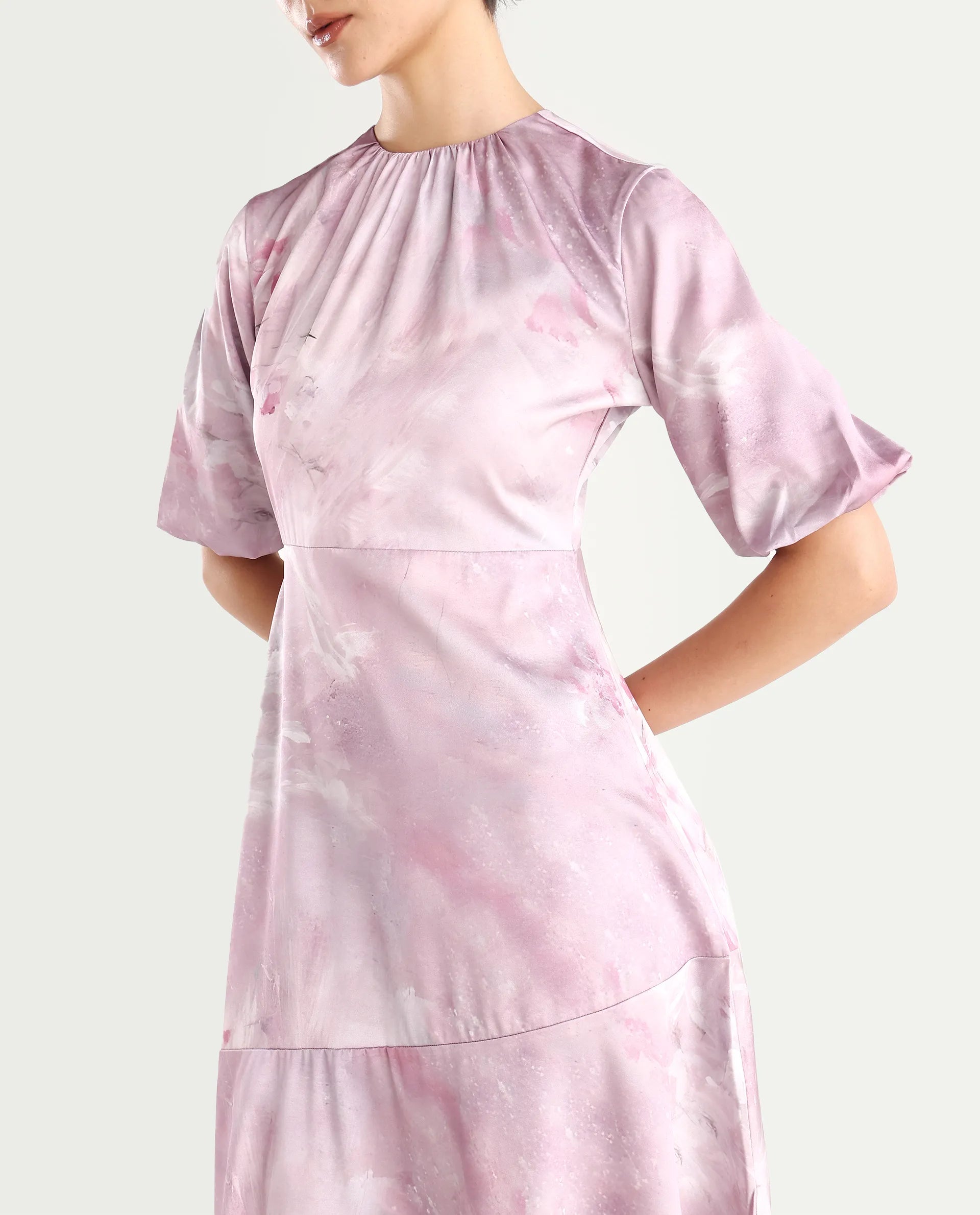 Rareism Women's Limoges Dusky Pink Satin Round Neck Floral Print Balloon Sleeve Midi Fit And Flare Dress