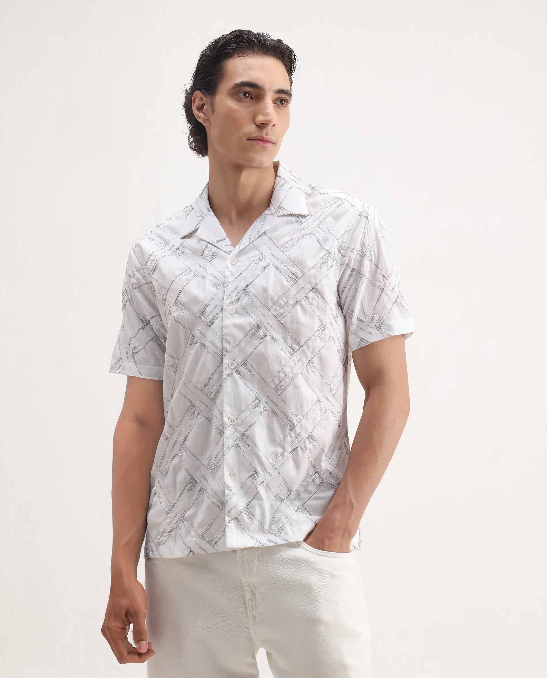 Rare Rabbit Men's Lina White Cotton Embroidered Relaxed Fit Half Sleeve Cuban Collar Shirt