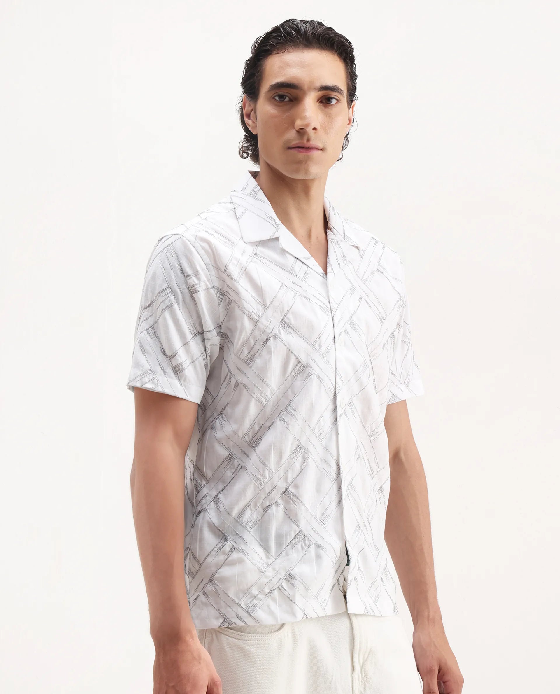 Rare Rabbit Men's Lina White Cotton Embroidered Relaxed Fit Half Sleeve Cuban Collar Shirt