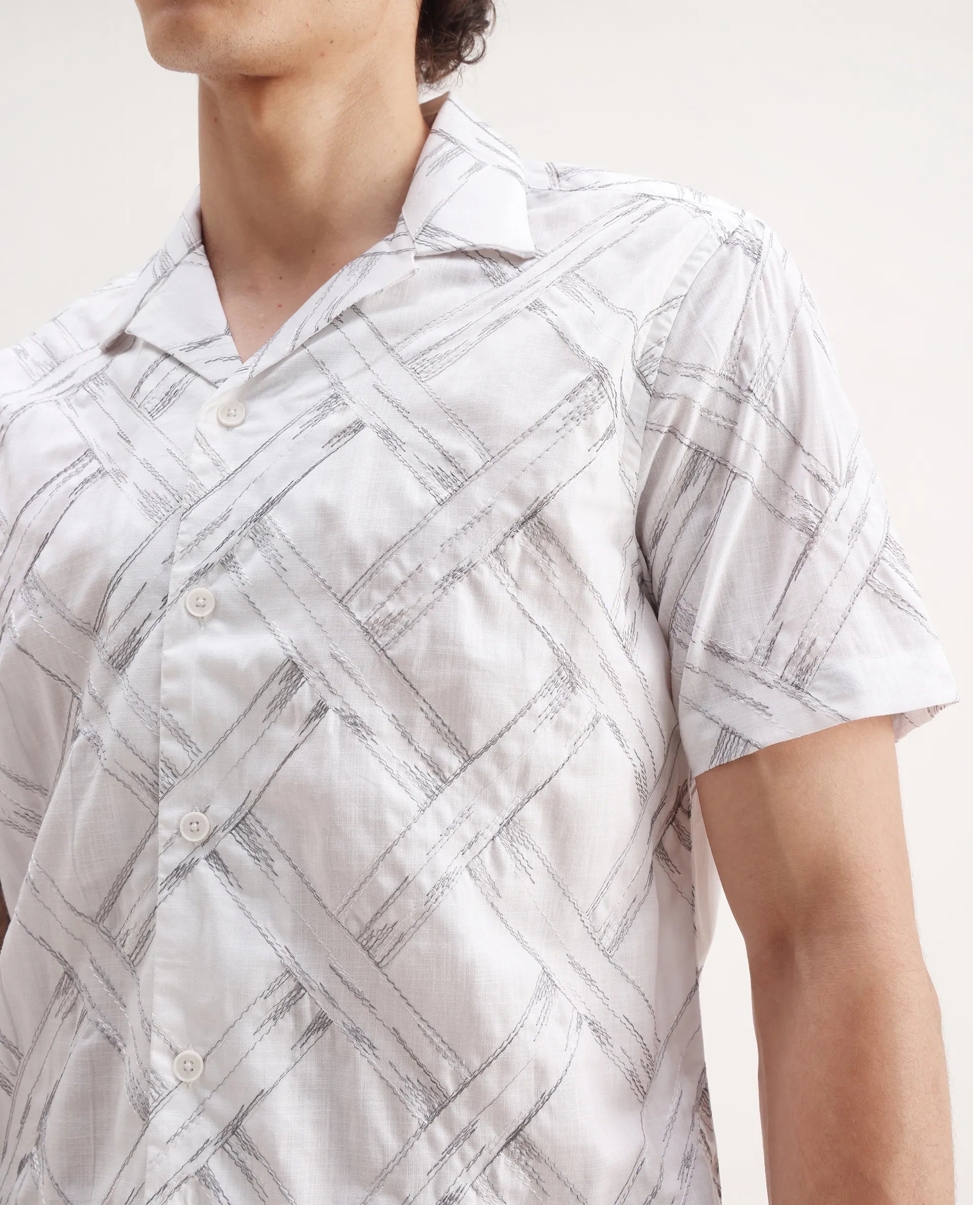 Rare Rabbit Men's Lina White Cotton Embroidered Relaxed Fit Half Sleeve Cuban Collar Shirt