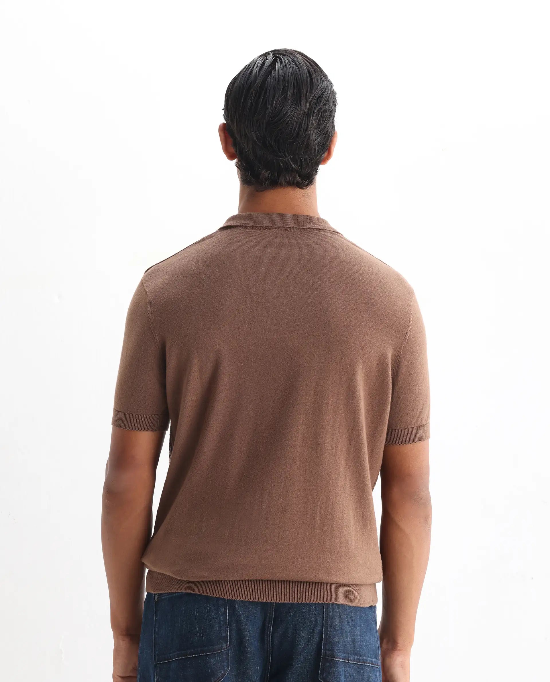 Rare Rabbit Men's Lincos Brown Cotton Jacquard Slim Fit Half Sleeve Polo