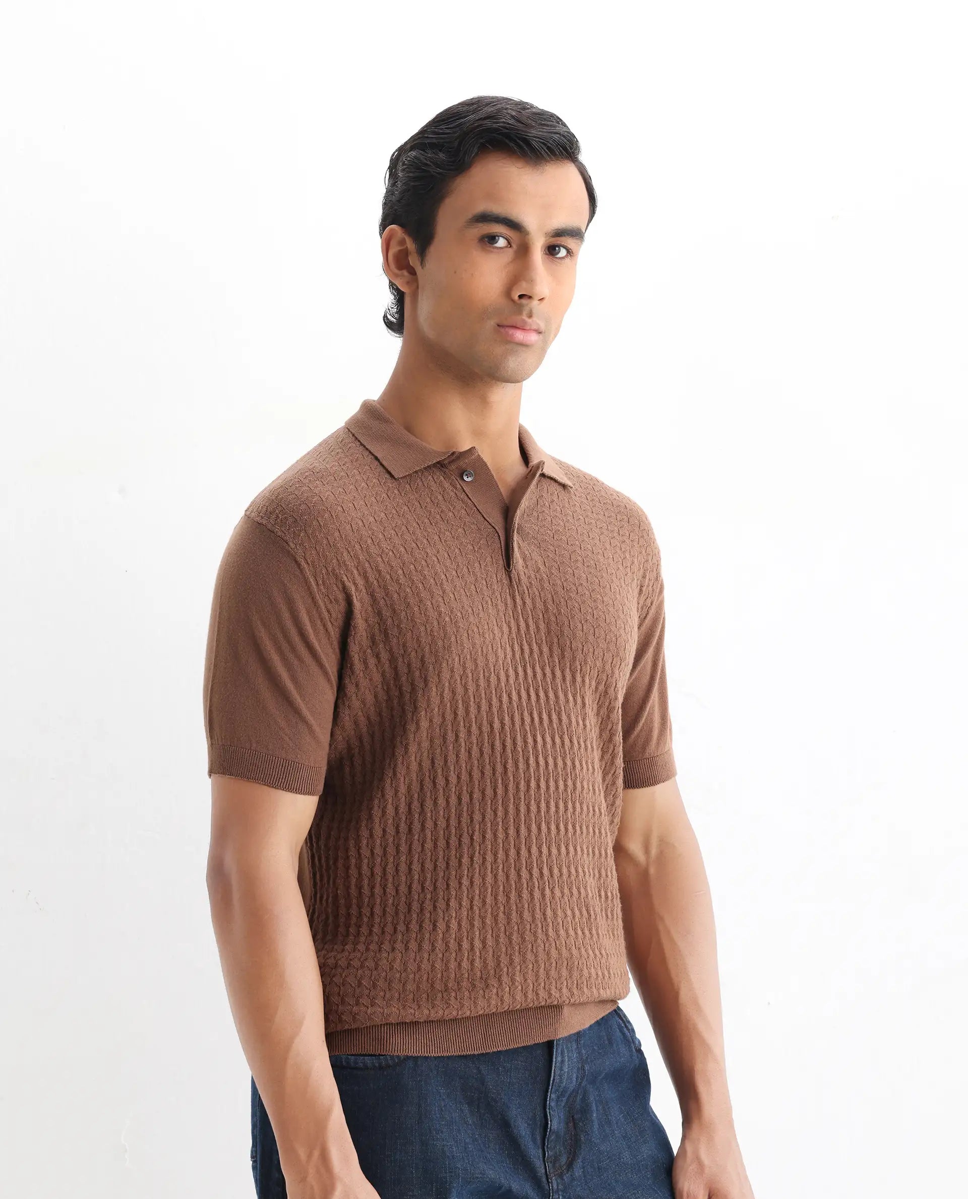 Rare Rabbit Men's Lincos Brown Cotton Jacquard Slim Fit Half Sleeve Polo
