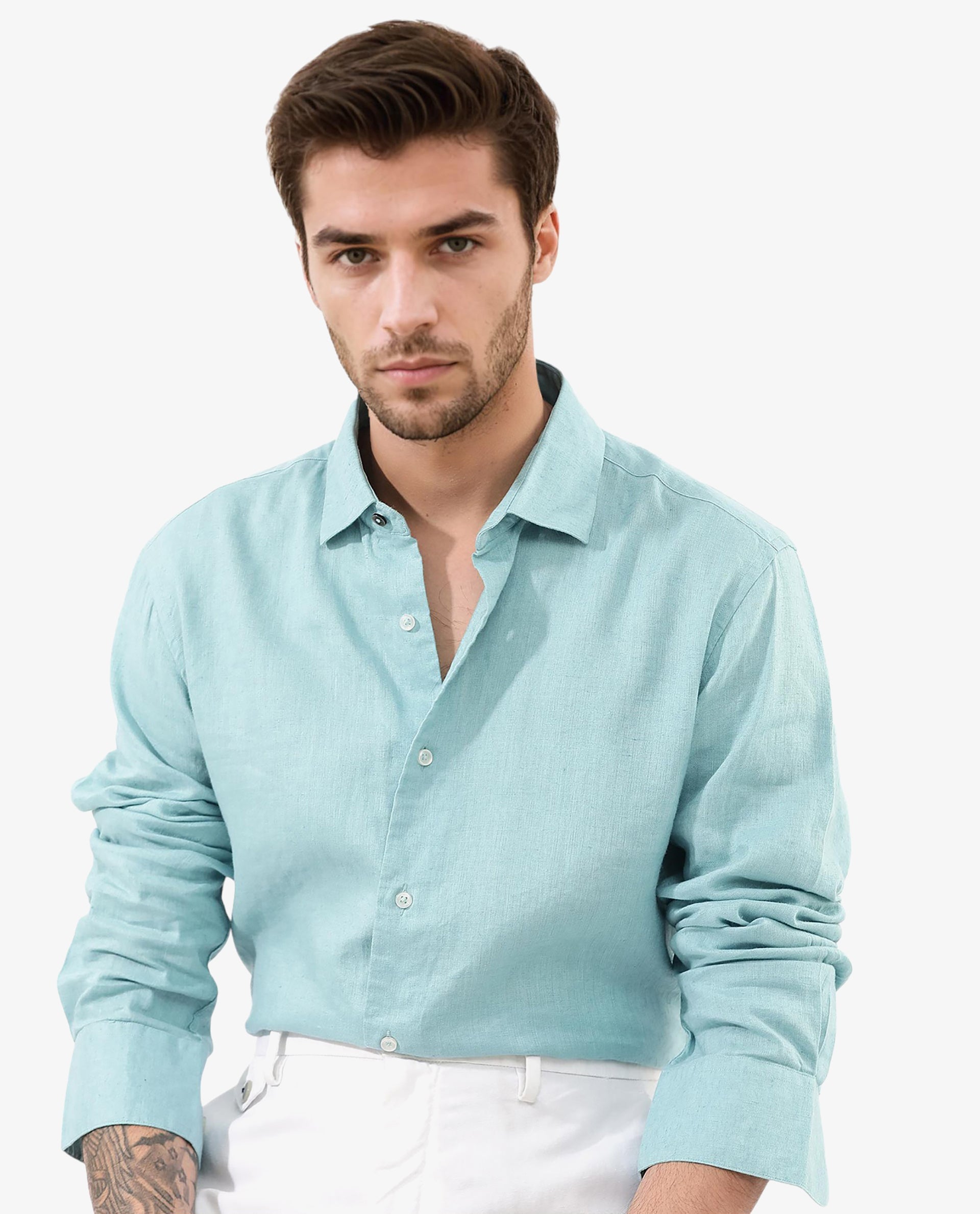 Rare Rabbit Men's Linex-1 Flouroscent Blue Linen Excel Fabric Full Sleeves Regular Fit Solid Shirt