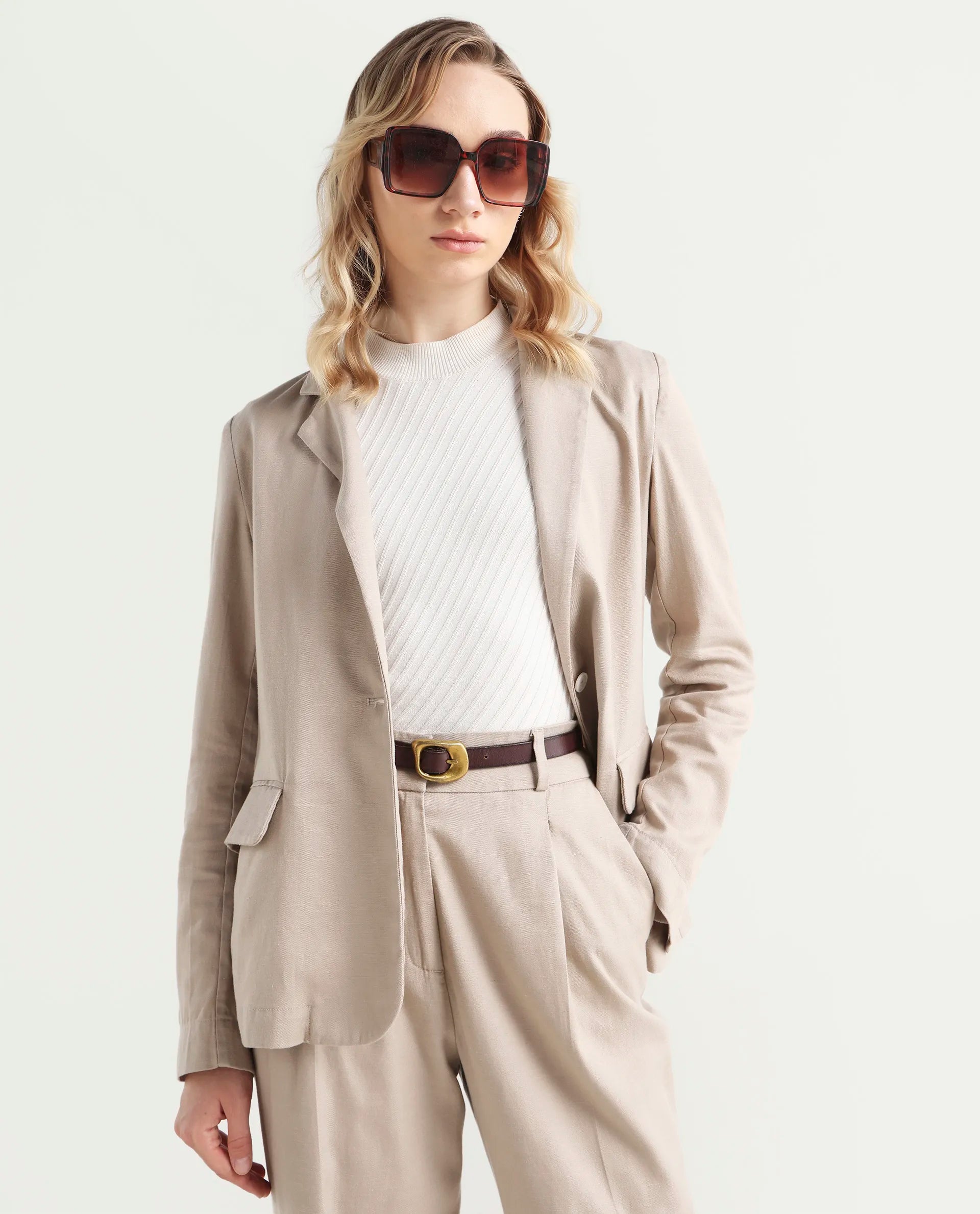 Rareism Women's Linzy-T Beige 100% Linen Full Sleeve Lapel Neck Regular Plain Blazer