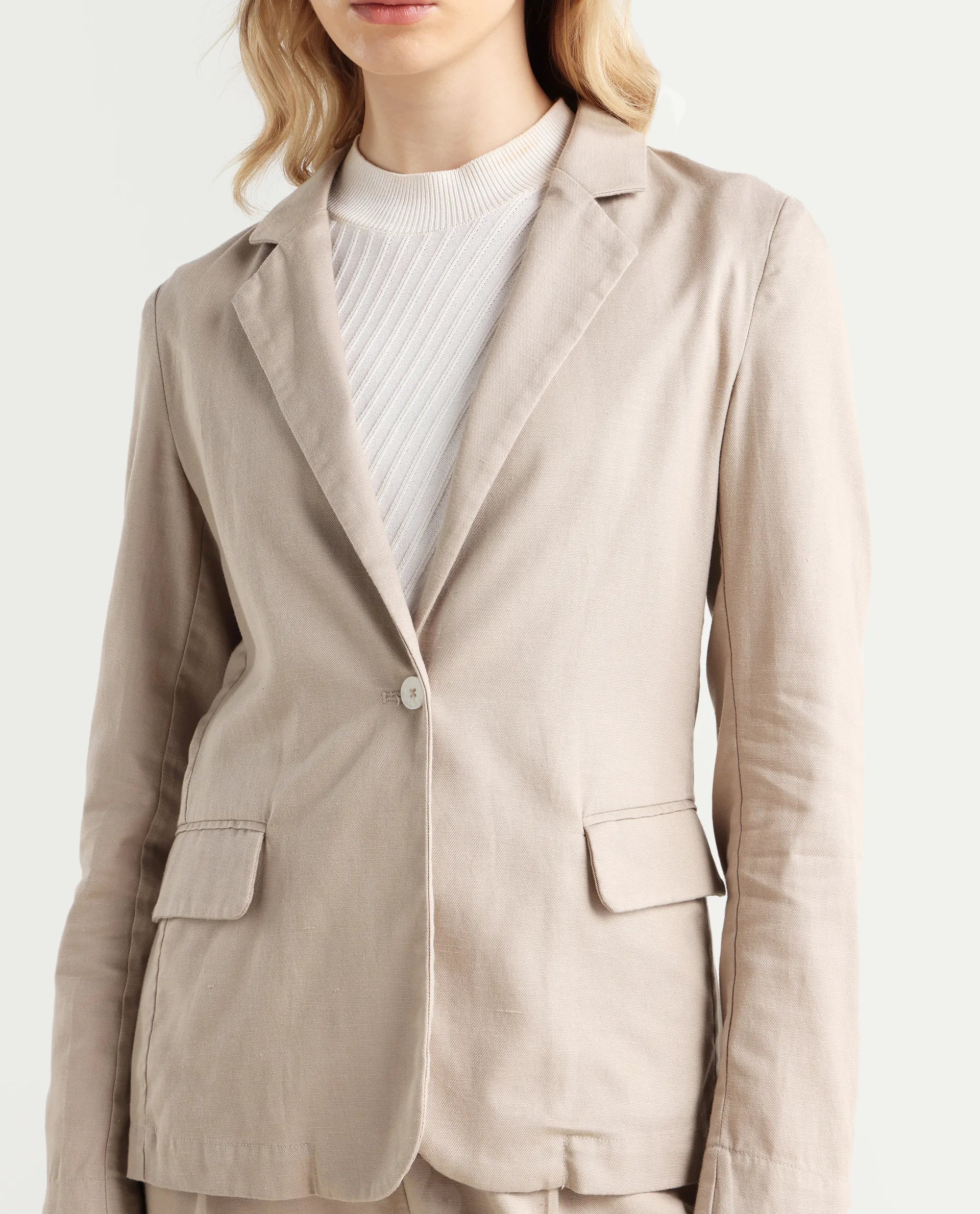 Rareism Women's Linzy-T Beige 100% Linen Full Sleeve Lapel Neck Regular Plain Blazer