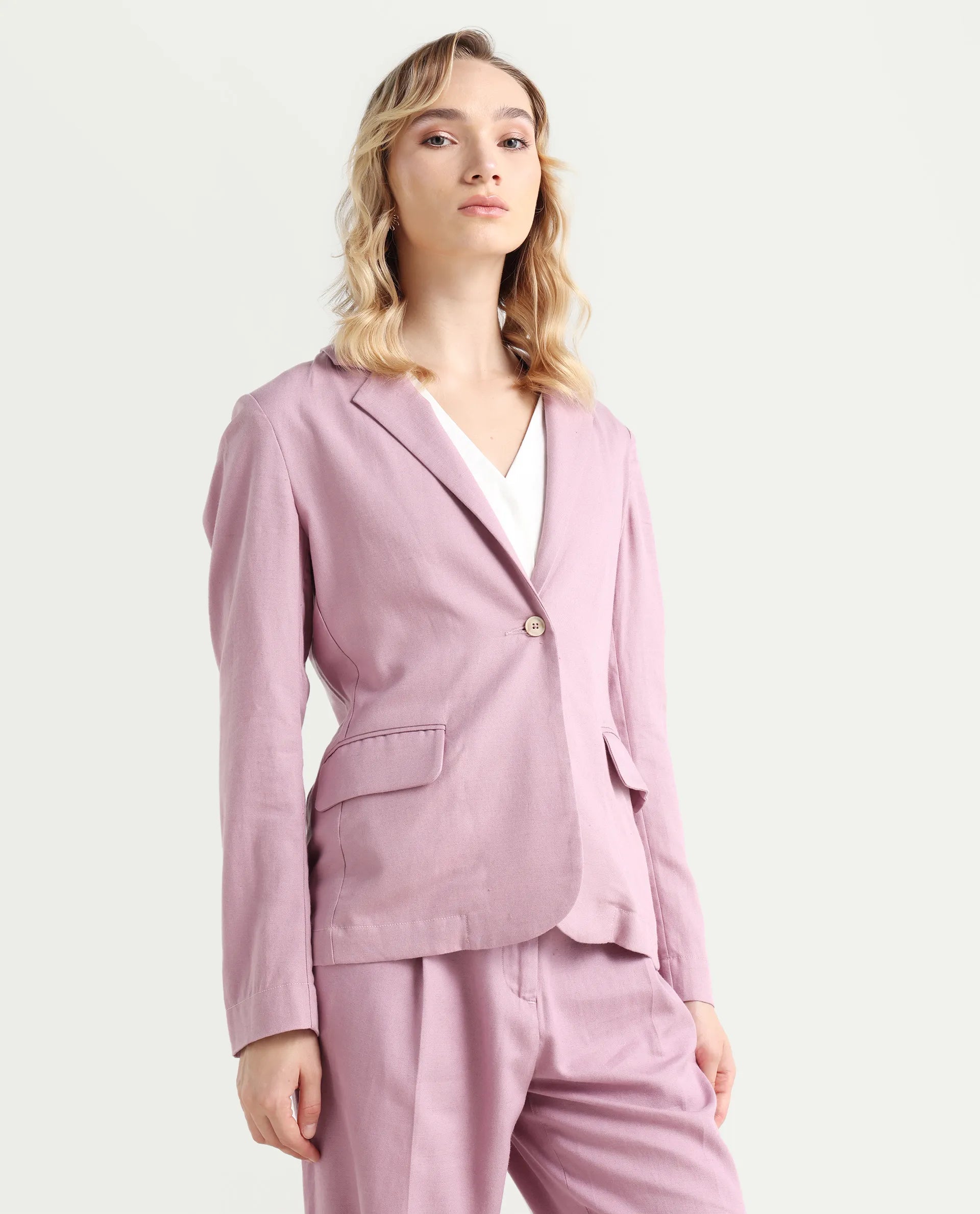 Rareism Women's Linzy-T Dusky Pink 100% Linen Full Sleeve Lapel Neck Regular Plain Blazer