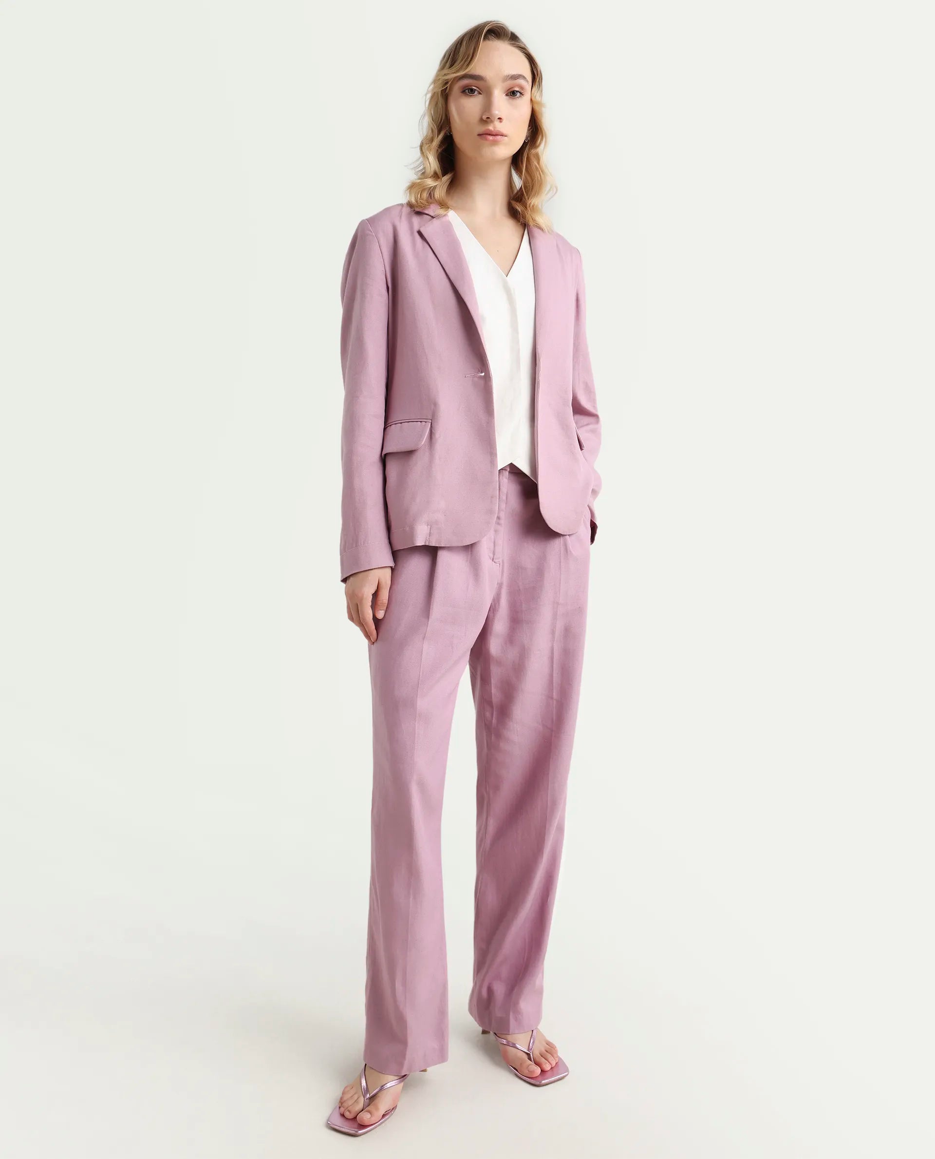 Rareism Women's Linzy-T Dusky Pink 100% Linen Full Sleeve Lapel Neck Regular Plain Blazer