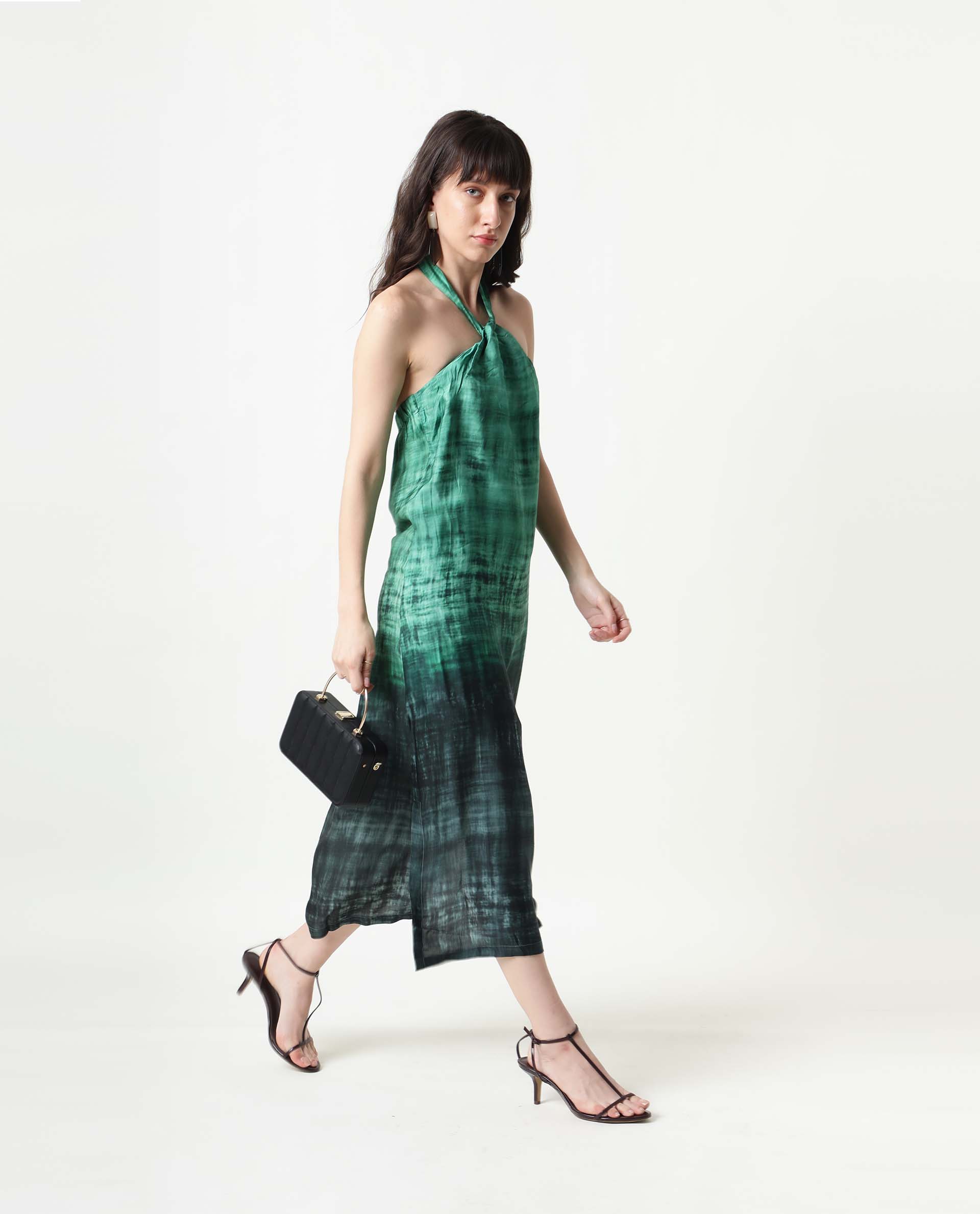 Rareism Women Lipos Green Printed Halter Neck With Back Tie Up Midi Dress