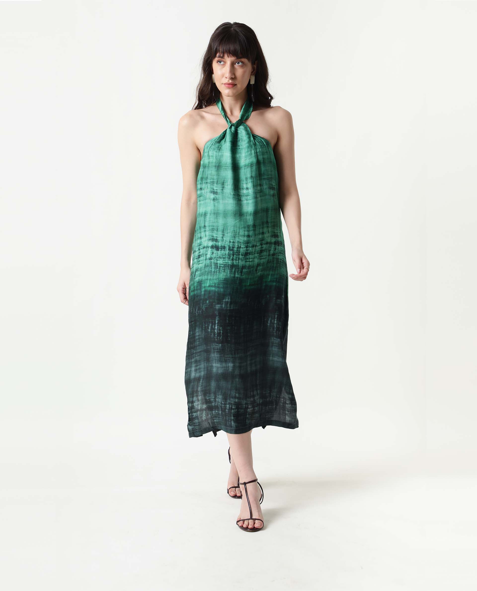 Rareism Women Lipos Green Printed Halter Neck With Back Tie Up Midi Dress