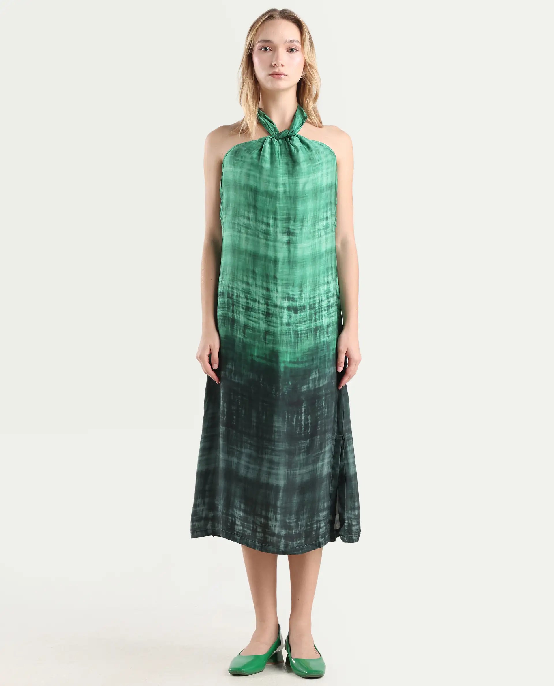 Rareism Women's Lipos Green Halter Neck Color Block Sleeveless Midi Regular Fit Dress