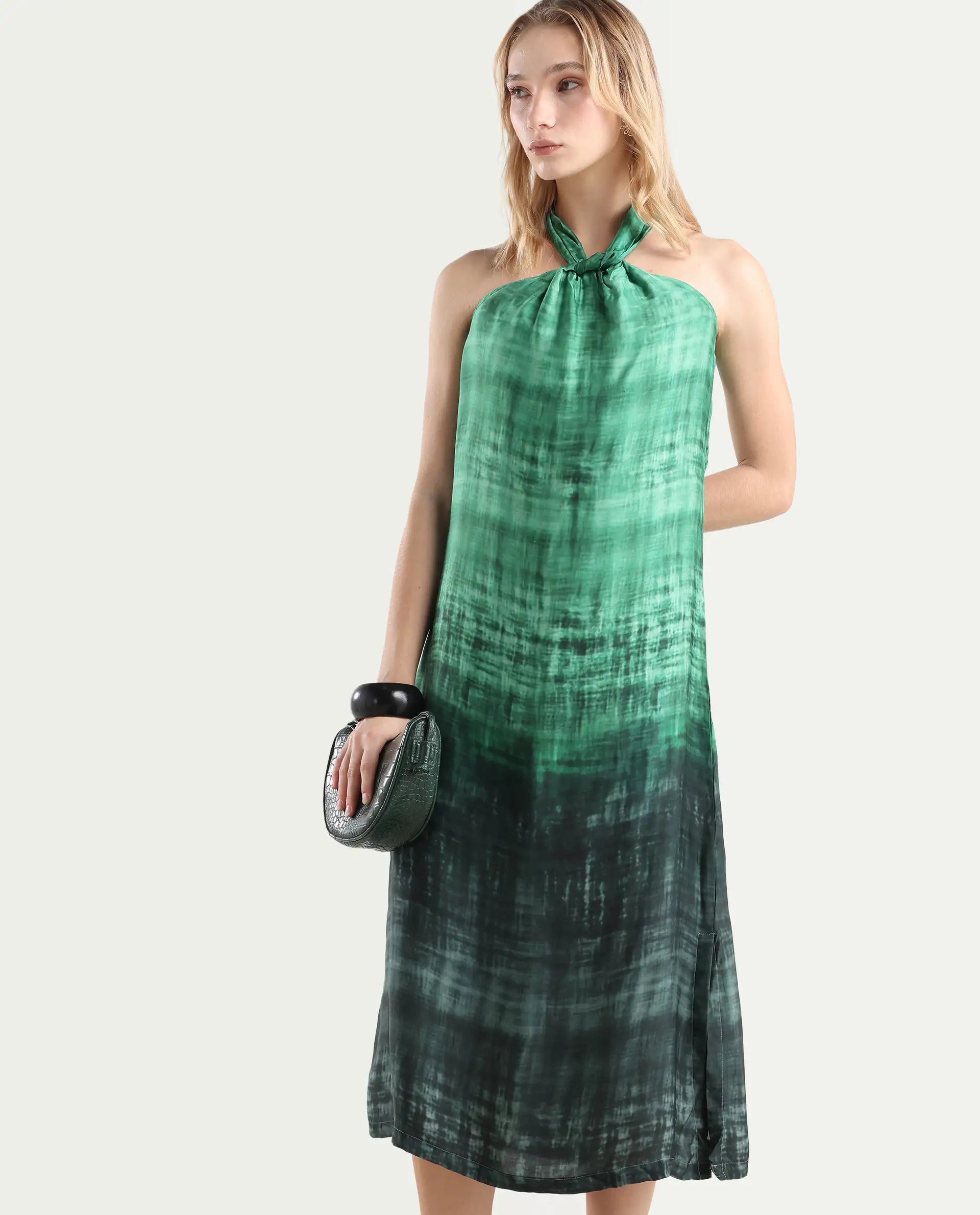 Rareism Women's Lipos Green Halter Neck Color Block Sleeveless Midi Regular Fit Dress