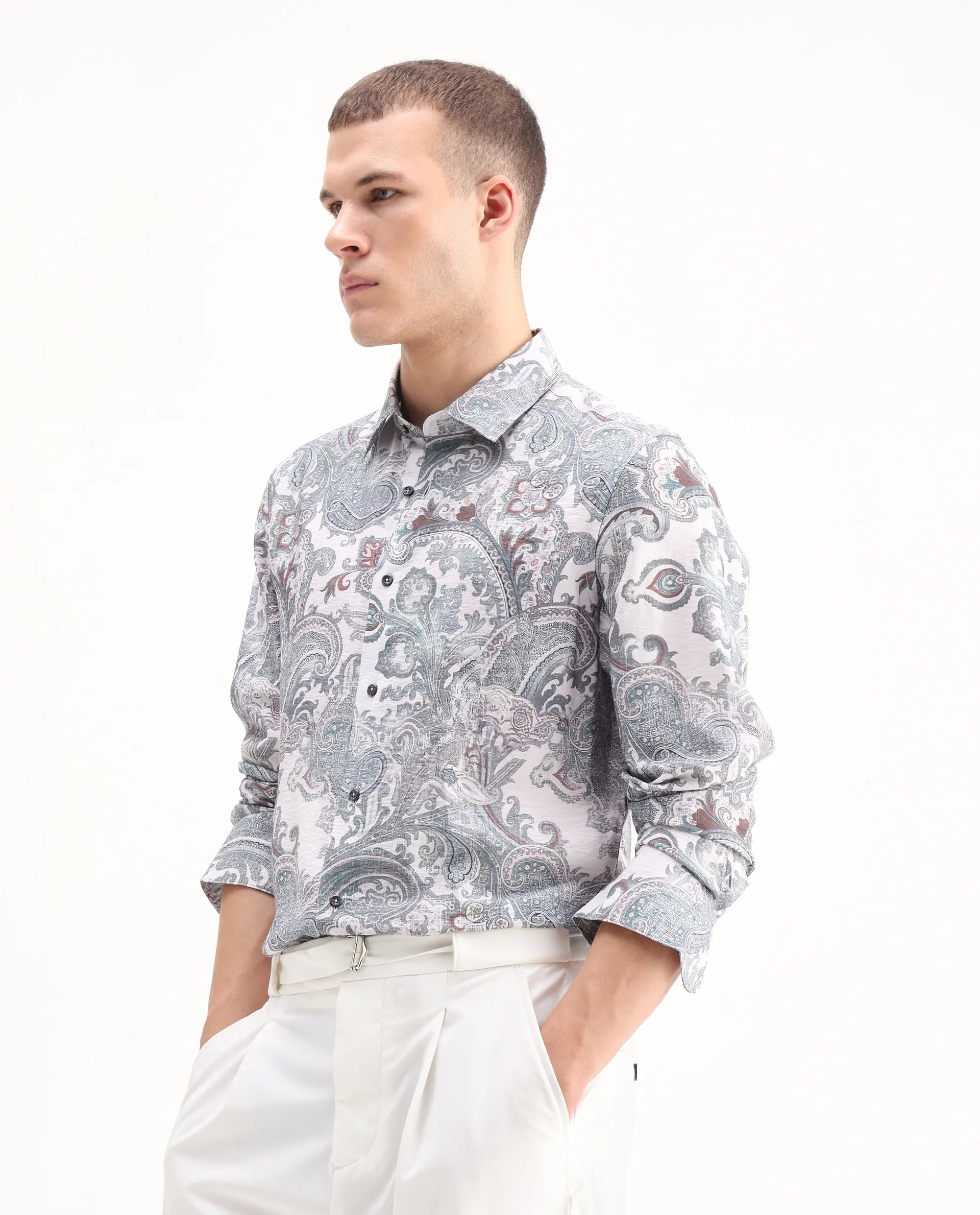 Rare Rabbit Men's Livro Off White Viscose Blend Paisley Print Regular Fit Full Sleeve Collared Shirt