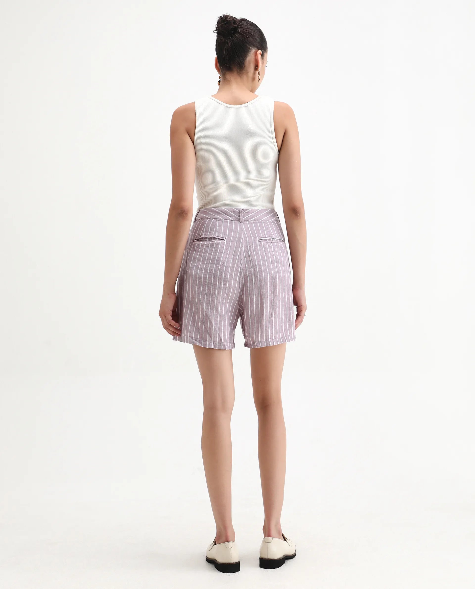 Rareism Women's Liya Purple Linen Striped Regular Fit Shorts