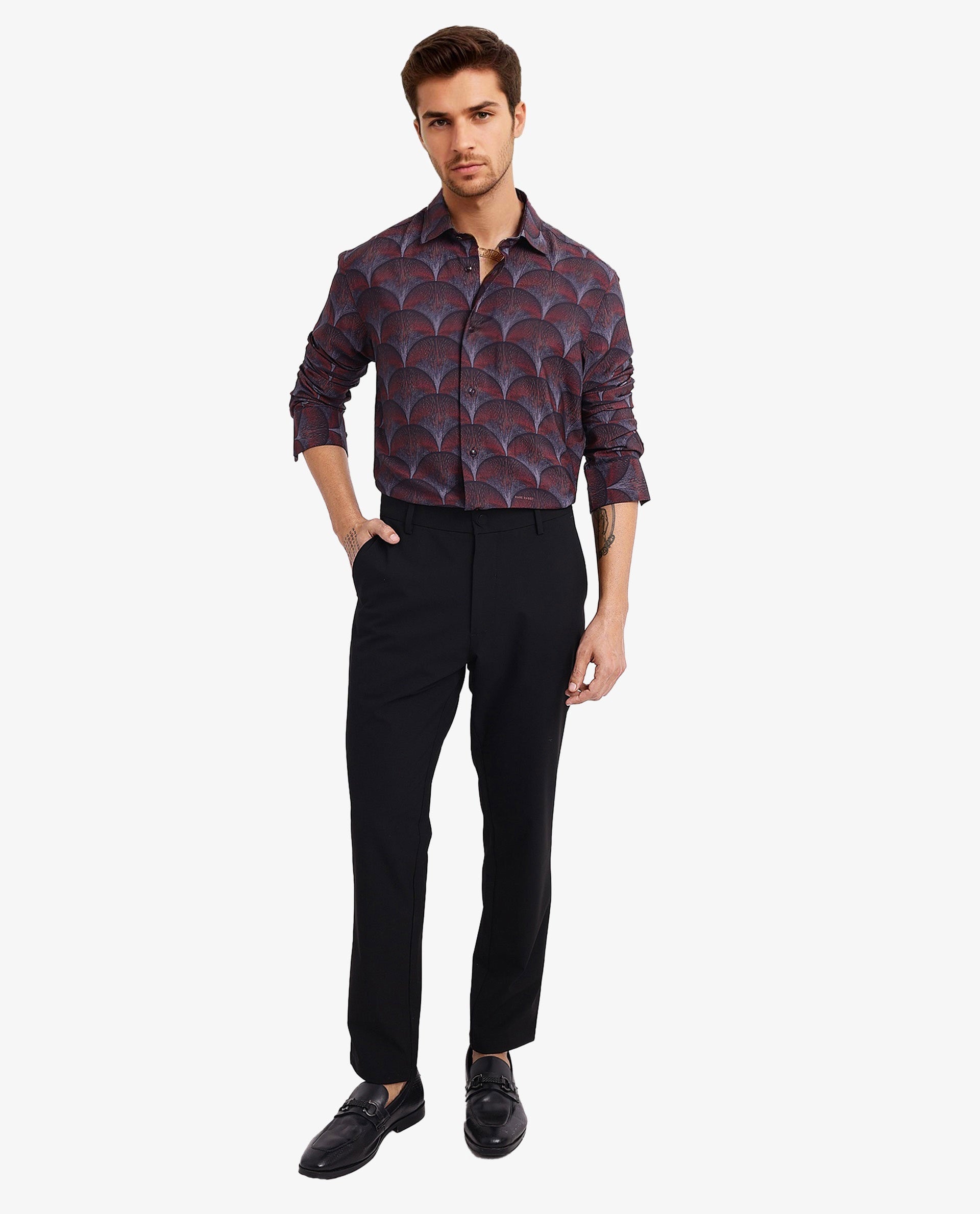 Rare Rabbit Men Lizan Maroon Viscose Nylon Fabric Full Sleeve Regular Fit Abstract Print Shirt