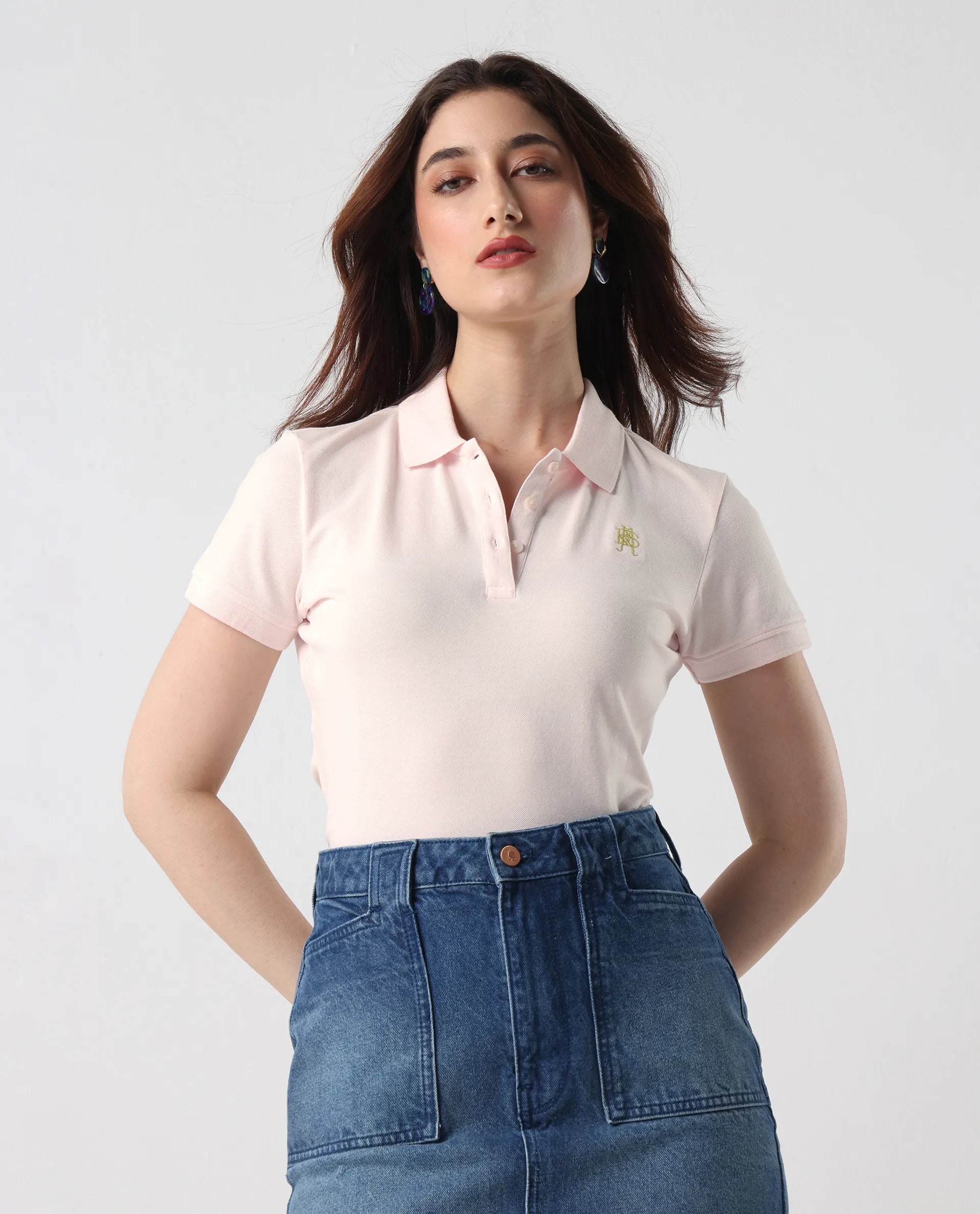 Rareism Women's Logan Light Pink Cotton Blend Polo Neck Plain Regular Fit Polo