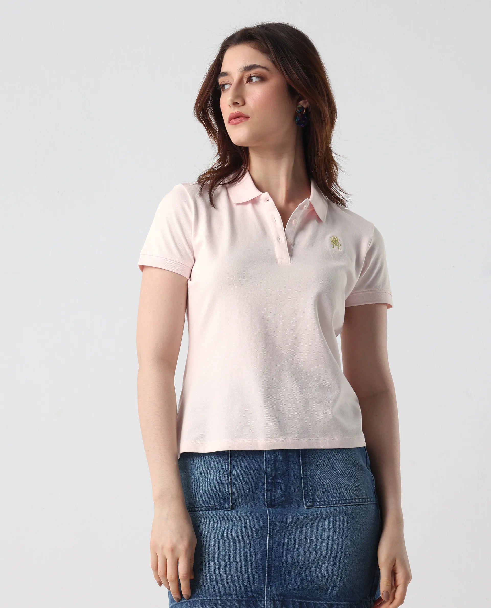 Rareism Women's Logan Light Pink Cotton Blend Polo Neck Plain Regular Fit Polo