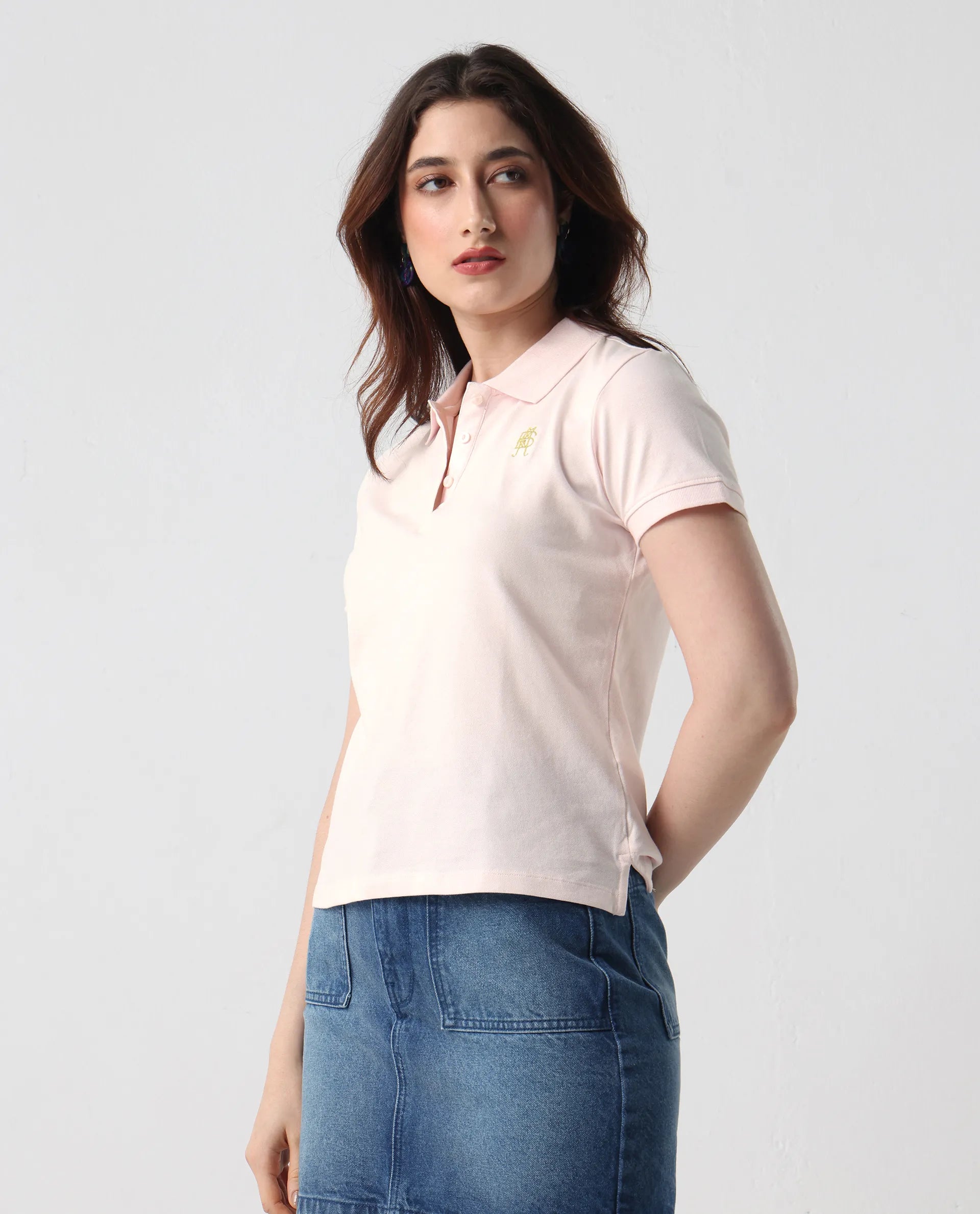 Rareism Women's Logan Light Pink Cotton Blend Polo Neck Plain Regular Fit Polo