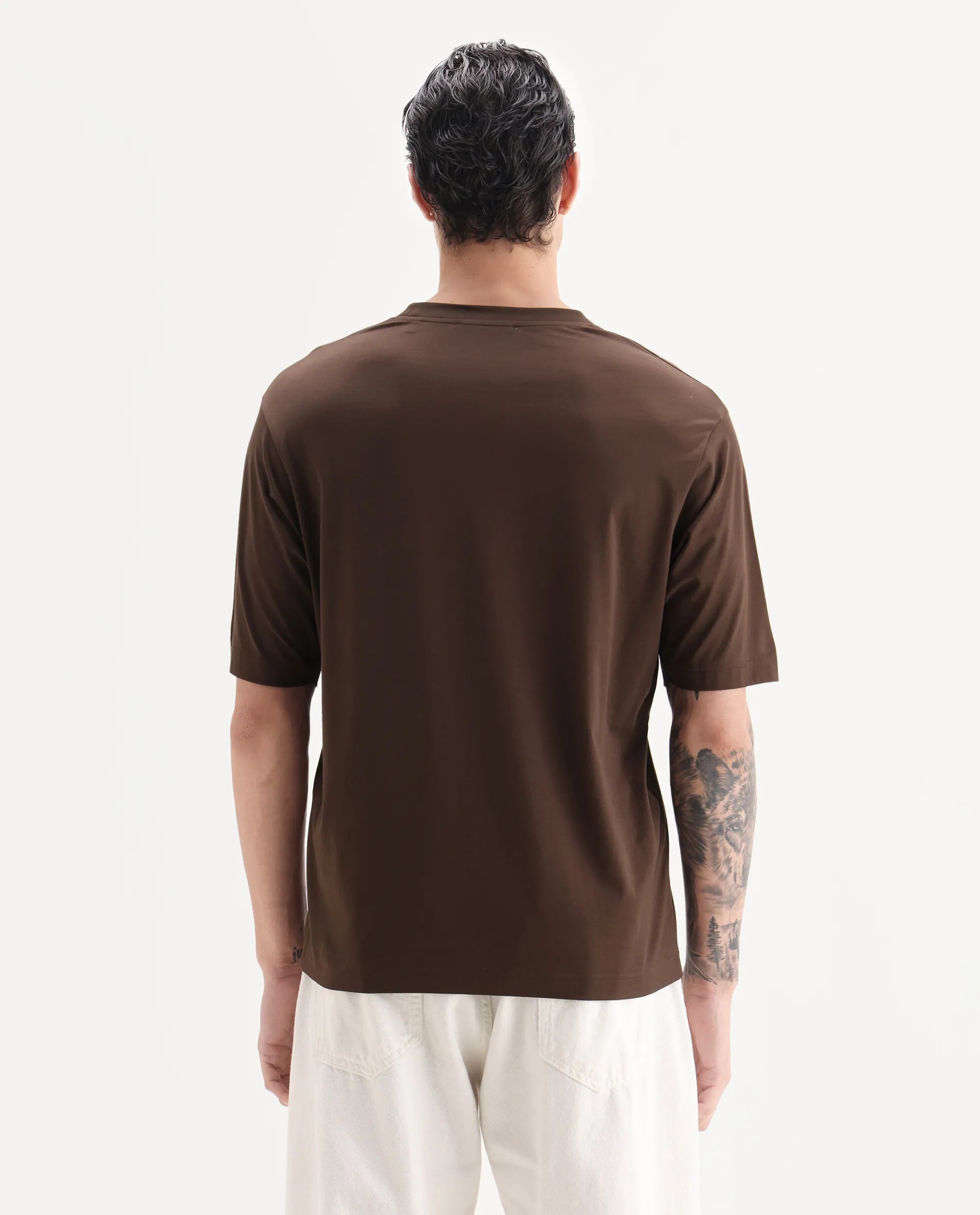 Rare Rabbit Men's Loi Dark Brown Cotton Fabric Hlaf Sleeve Crew Neck Label Print T-Shirt
