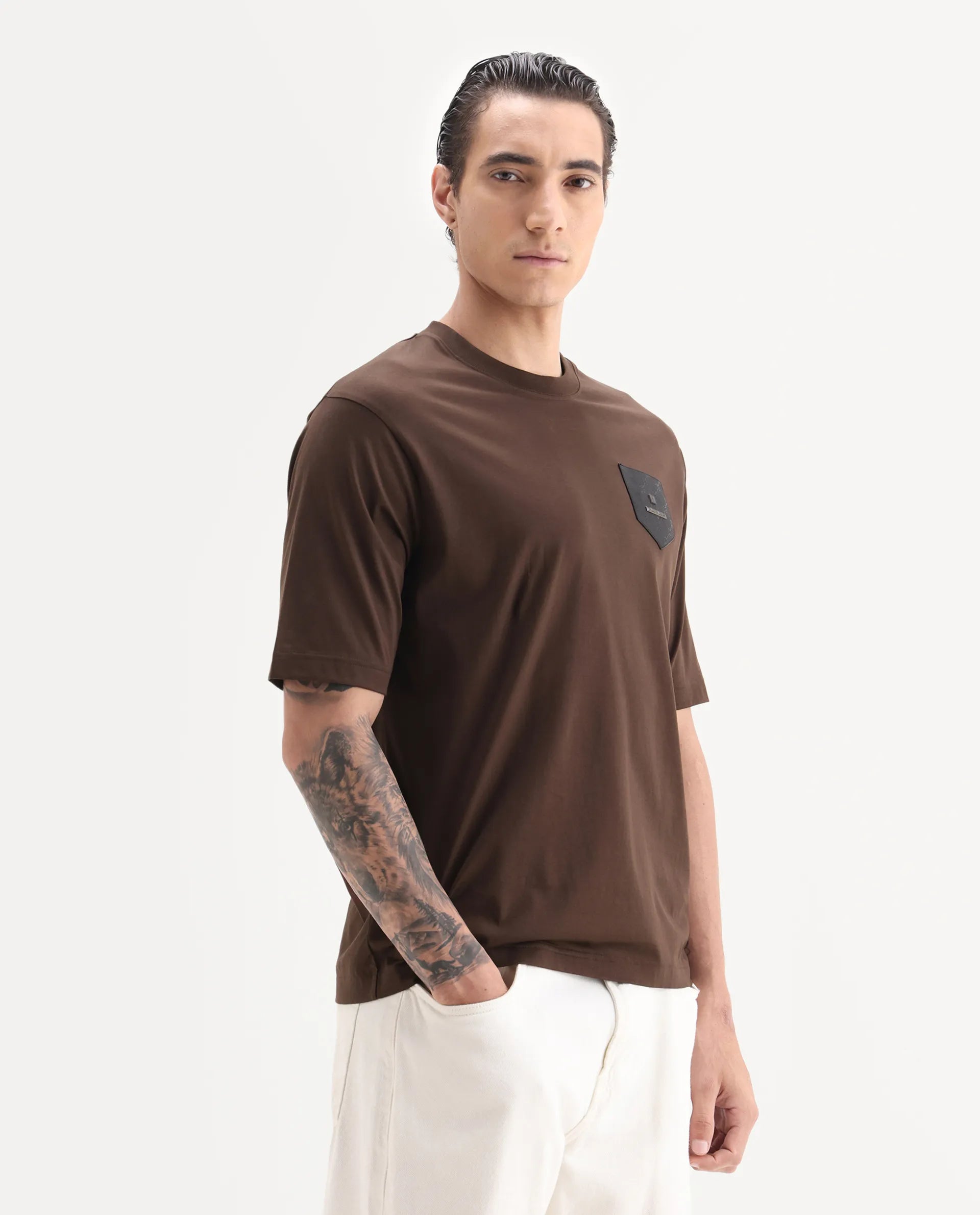 Rare Rabbit Men's Loi Dark Brown Cotton Fabric Hlaf Sleeve Crew Neck Label Print T-Shirt