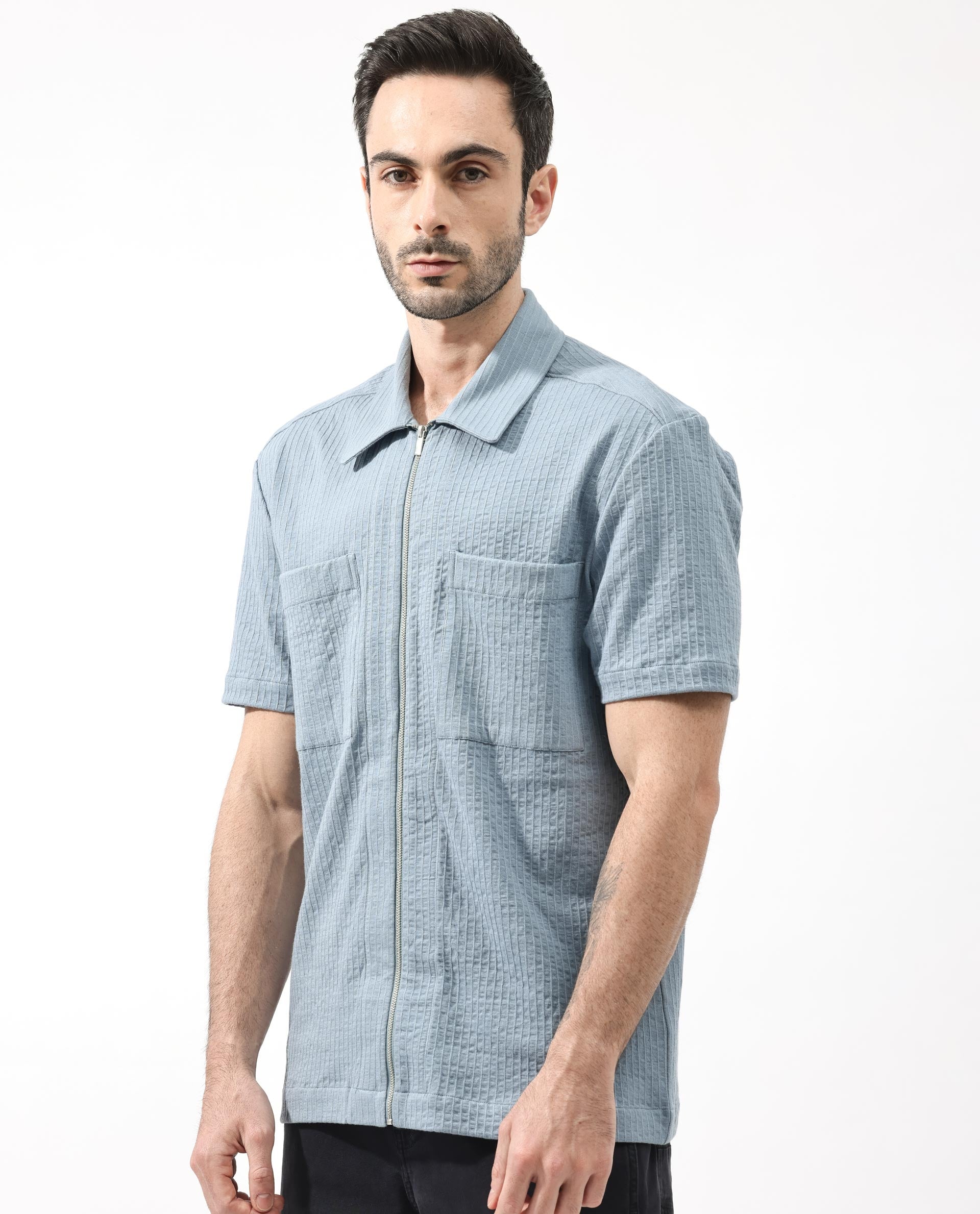 Rare Rabbit Mens Loomz Dusky Blue Half Sleeve Solid Broad Collar Zipper Closure Self Stripe Shirt